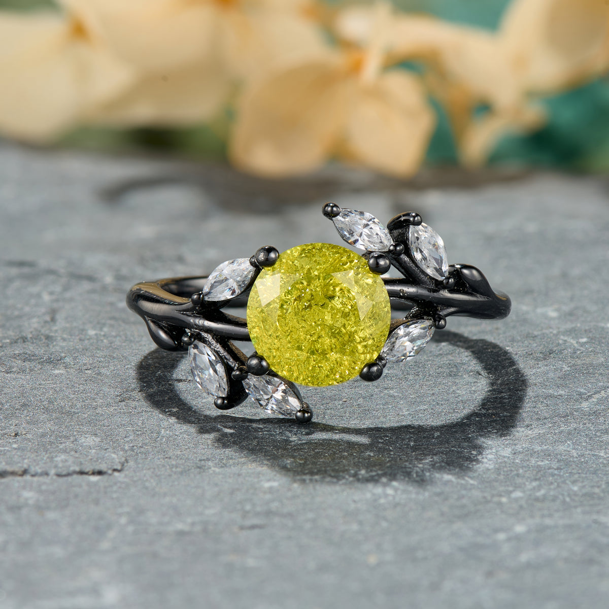 Sylvana Round Cut Lab-Grown Yellow Garnets Ice-crackle Texture Black Gold Ring