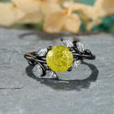 Sylvana Round Cut Lab-Grown Yellow Garnets Ice-crackle Texture Black Gold Ring