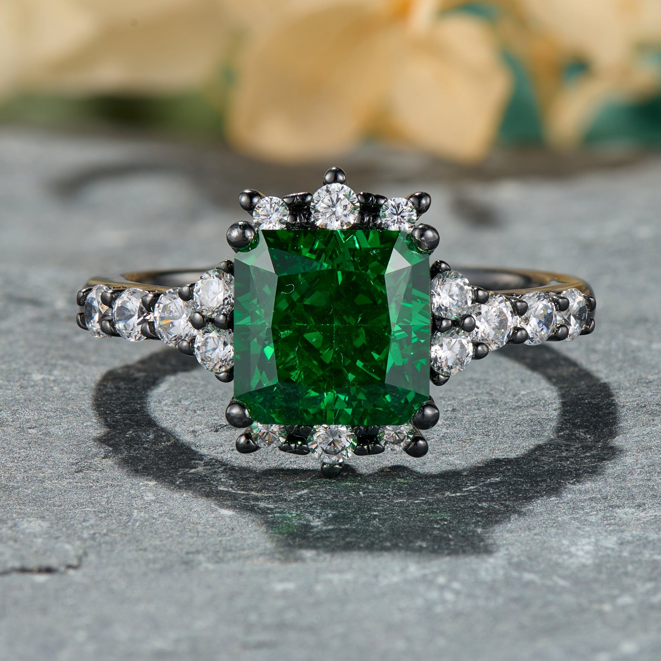 The Caterina Princess Cut Lab Grown Emerald Ice-crackle Texture Black Gold Ring