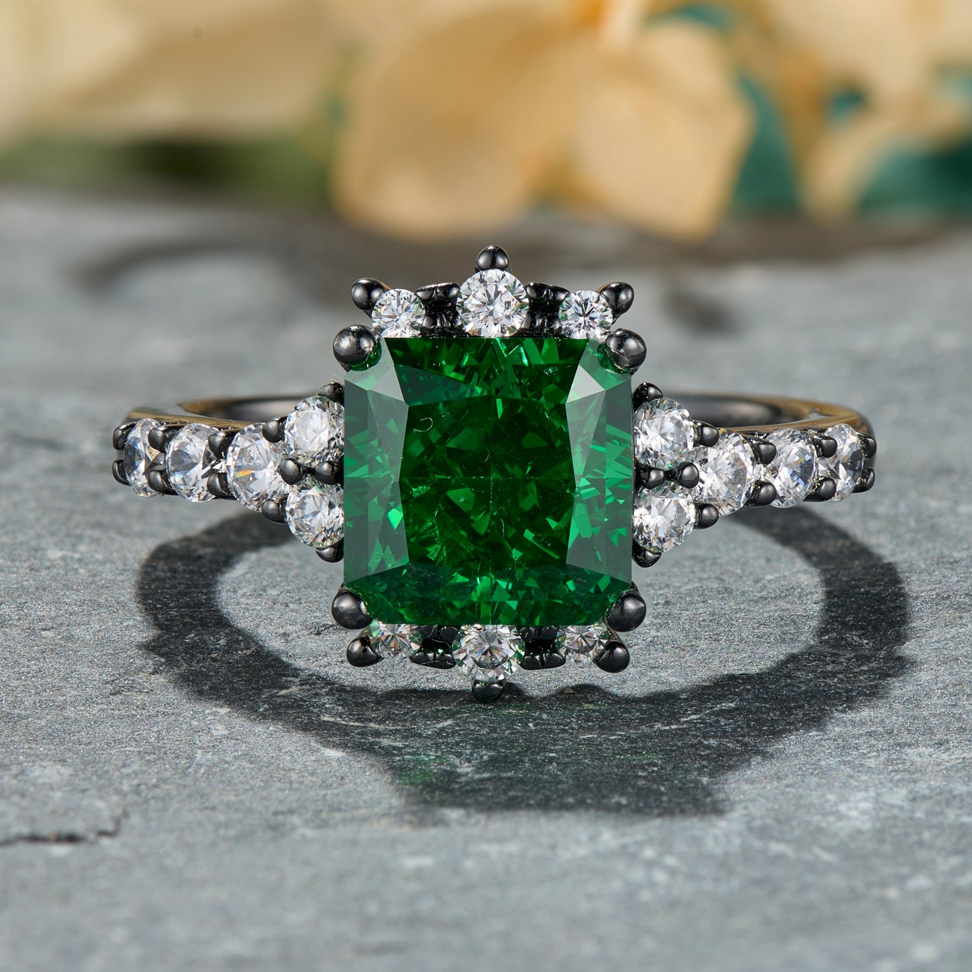 The Caterina Princess Cut Lab Grown Emerald Ice-crackle Texture Black Gold Ring