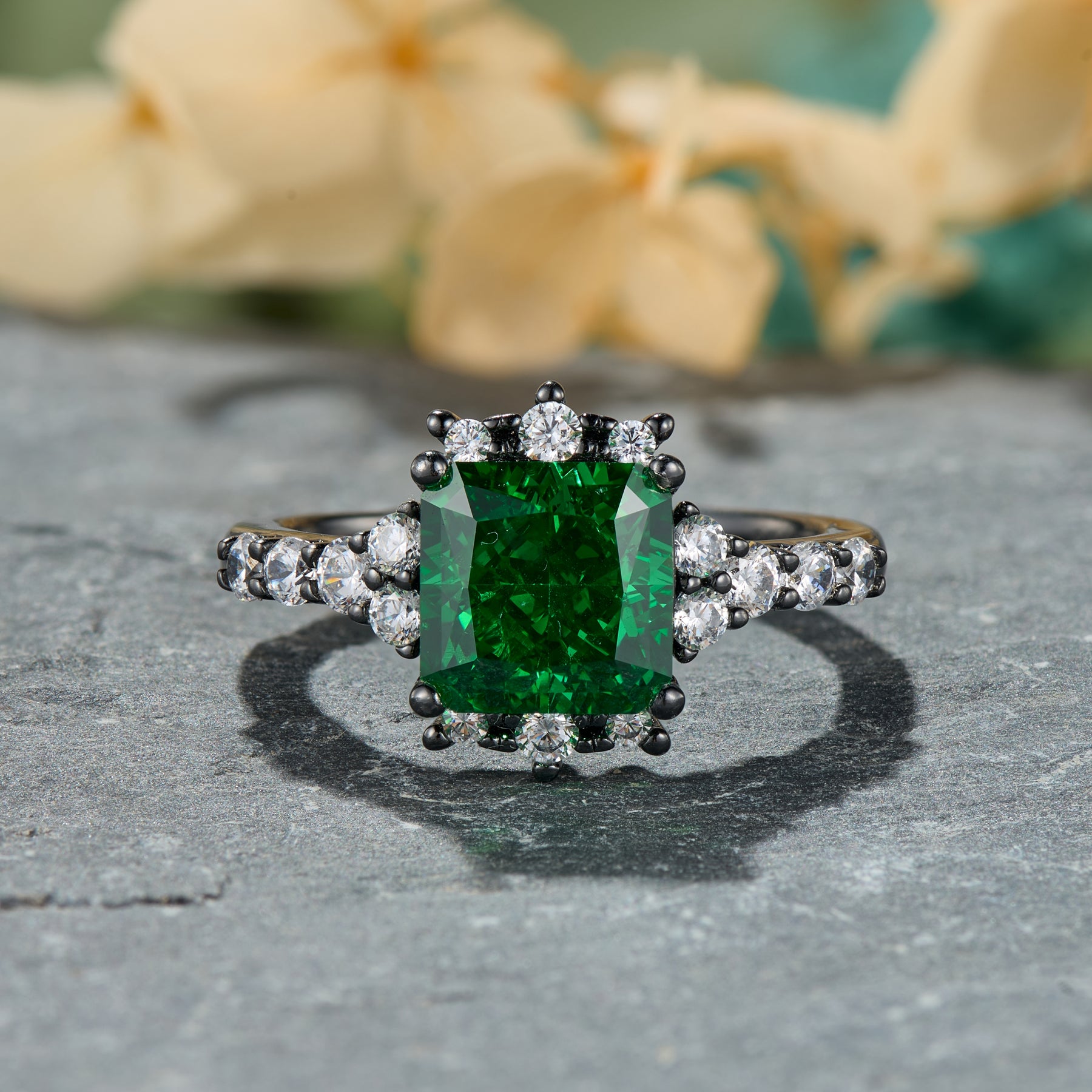 The Caterina Princess Cut Lab Grown Emerald Ice-crackle Texture Black Gold Ring