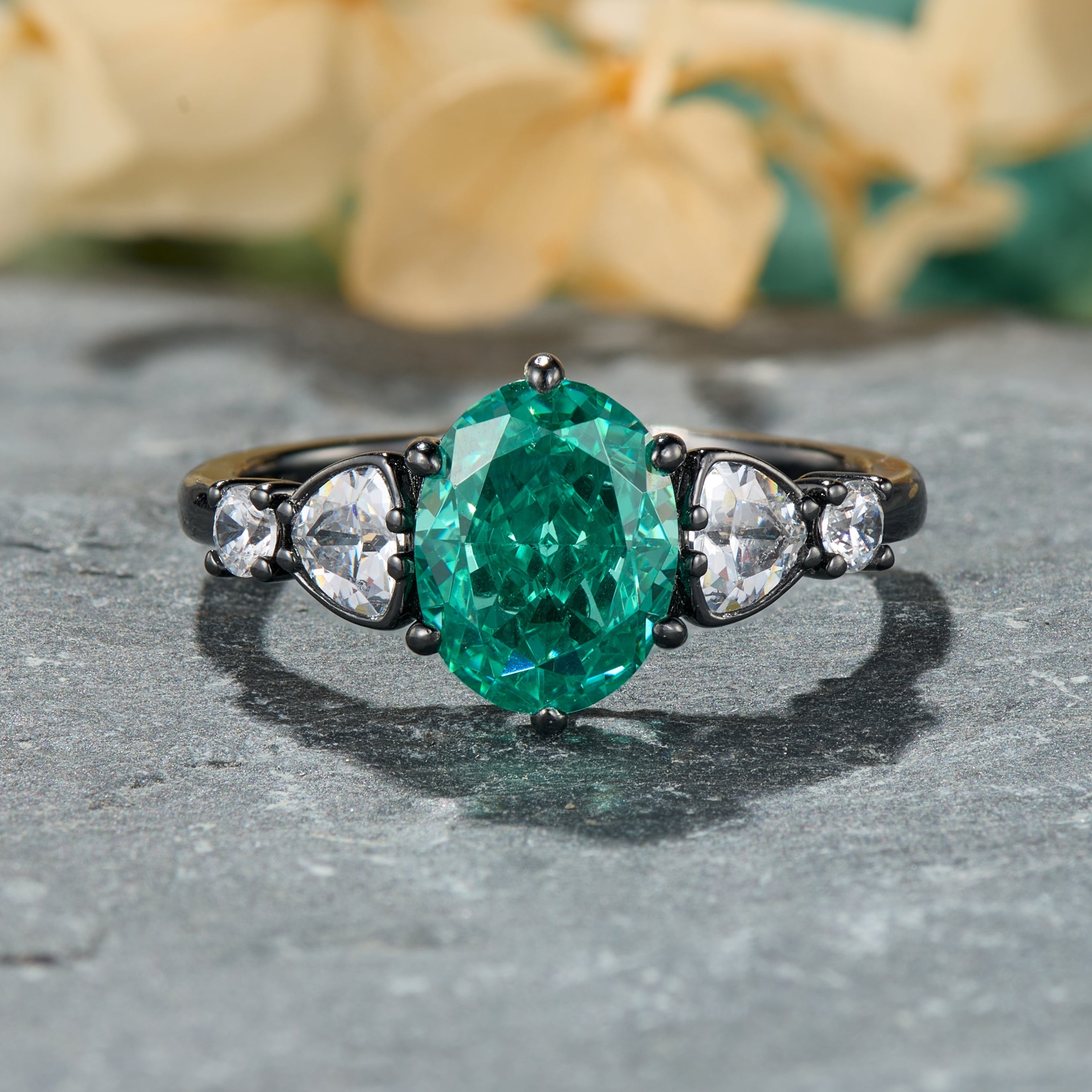 Valoria Oval Cut Lab Grown Emerald Ice-crackle Texture Black Gold Ring