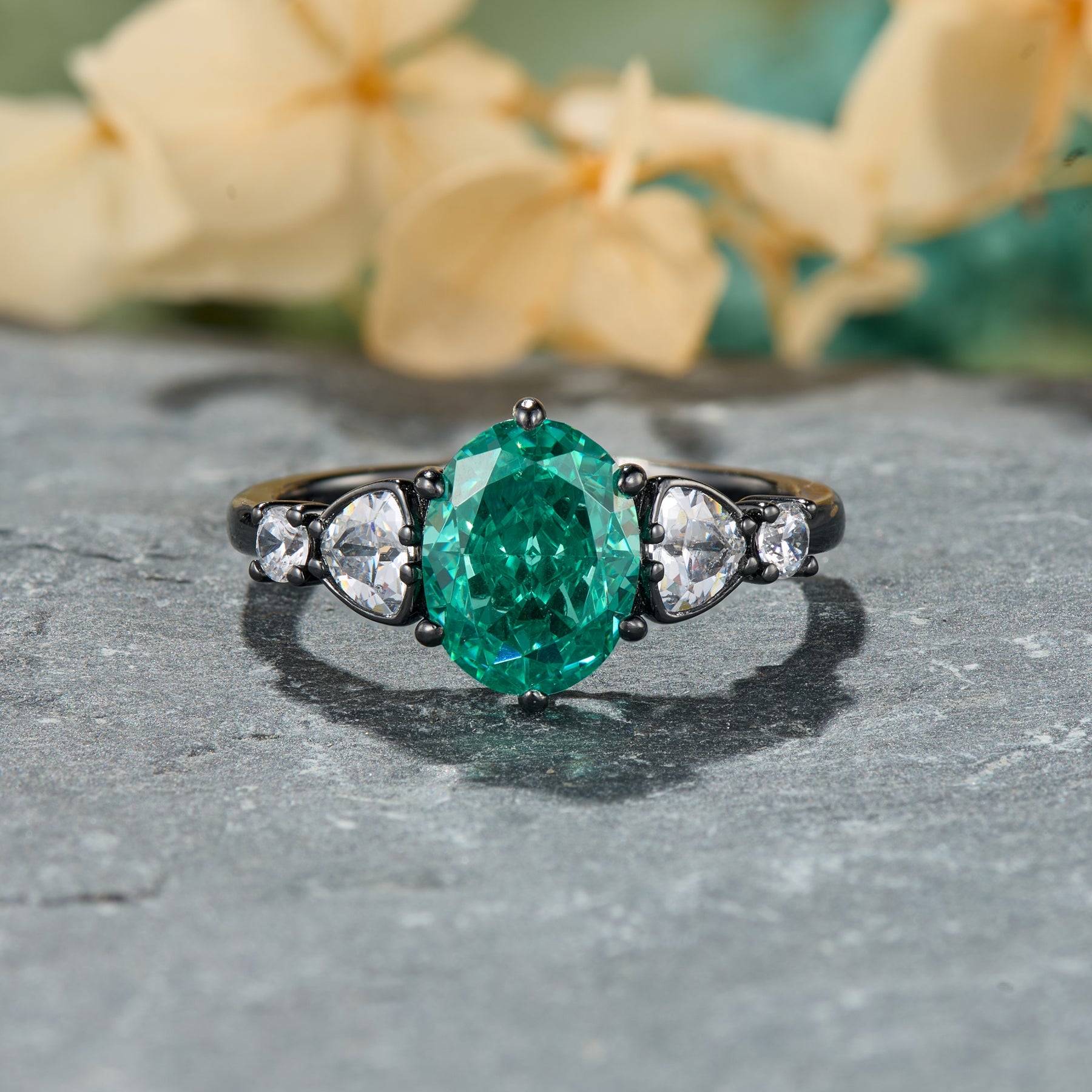 Valoria Oval Cut Lab Grown Emerald Ice-crackle Texture Black Gold Ring