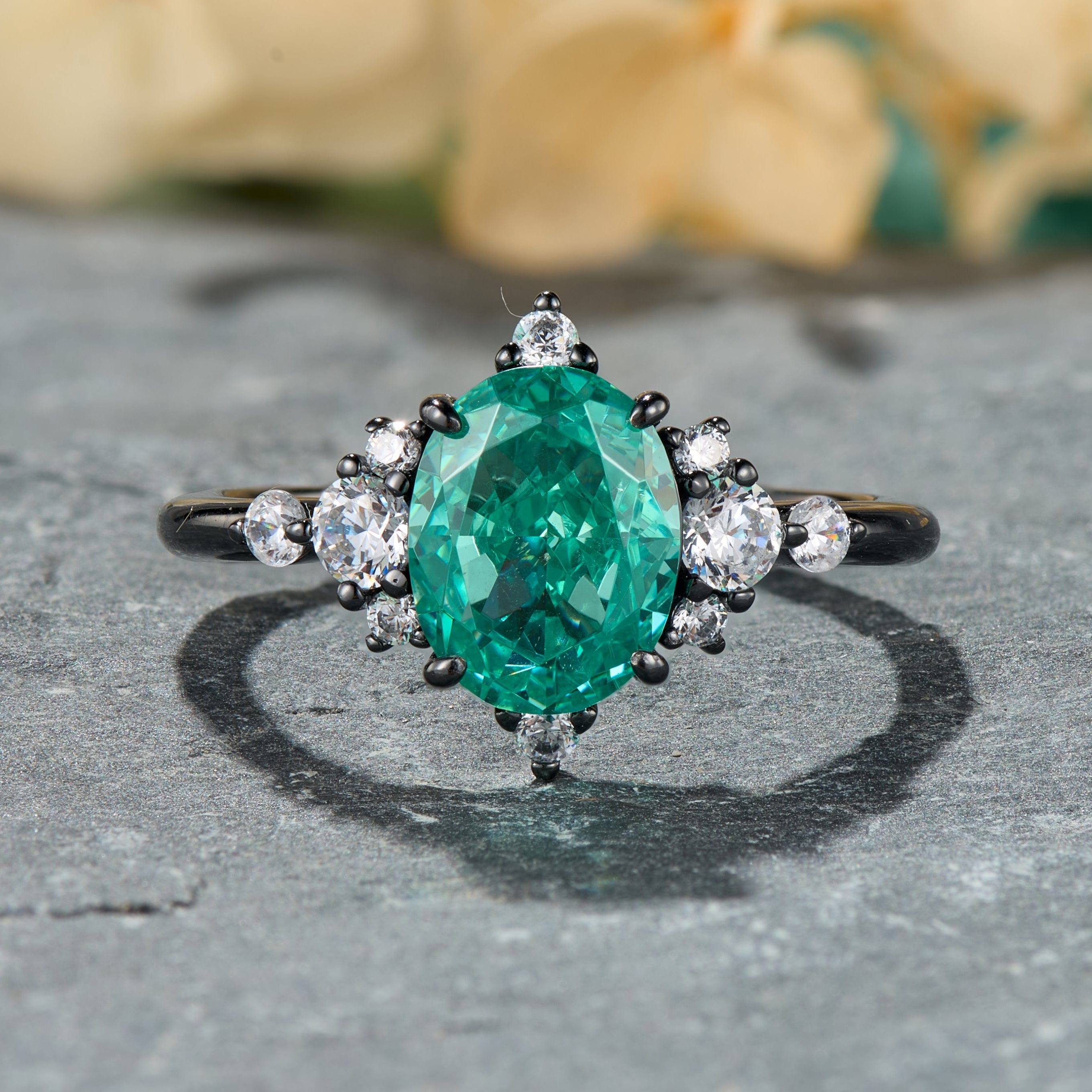 Carlotta Oval Cut Lab Grown Emerald Ice-crackle Texture Black Gold Ring