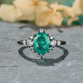 Carlotta Oval Cut Lab Grown Emerald Ice-crackle Texture Black Gold Ring