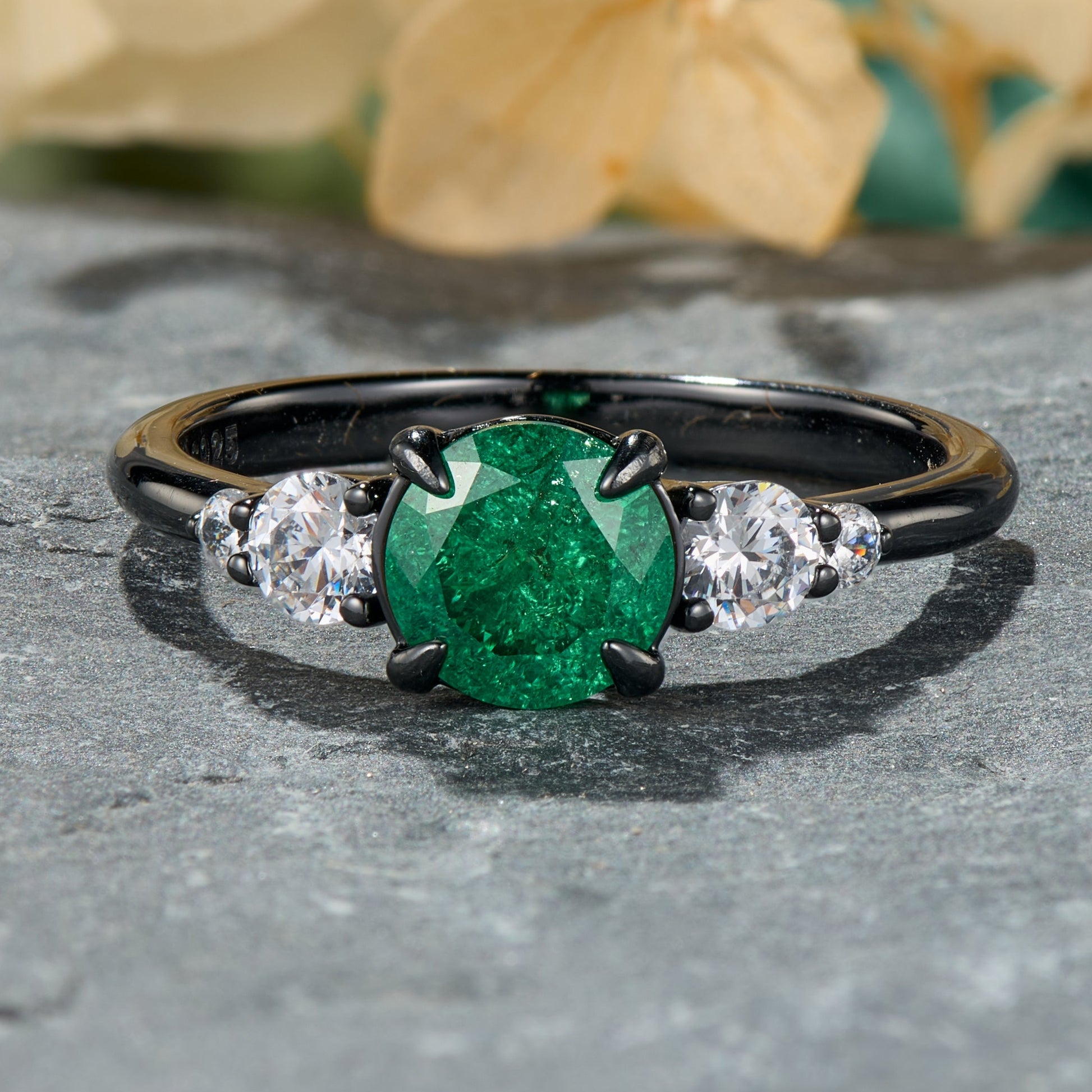 Round Cut Lab Grown Emerald Ice-crackle Texture Leafy Black Gold Ring