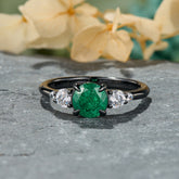 Round Cut Lab Grown Emerald Ice-crackle Texture Leafy Black Gold Ring
