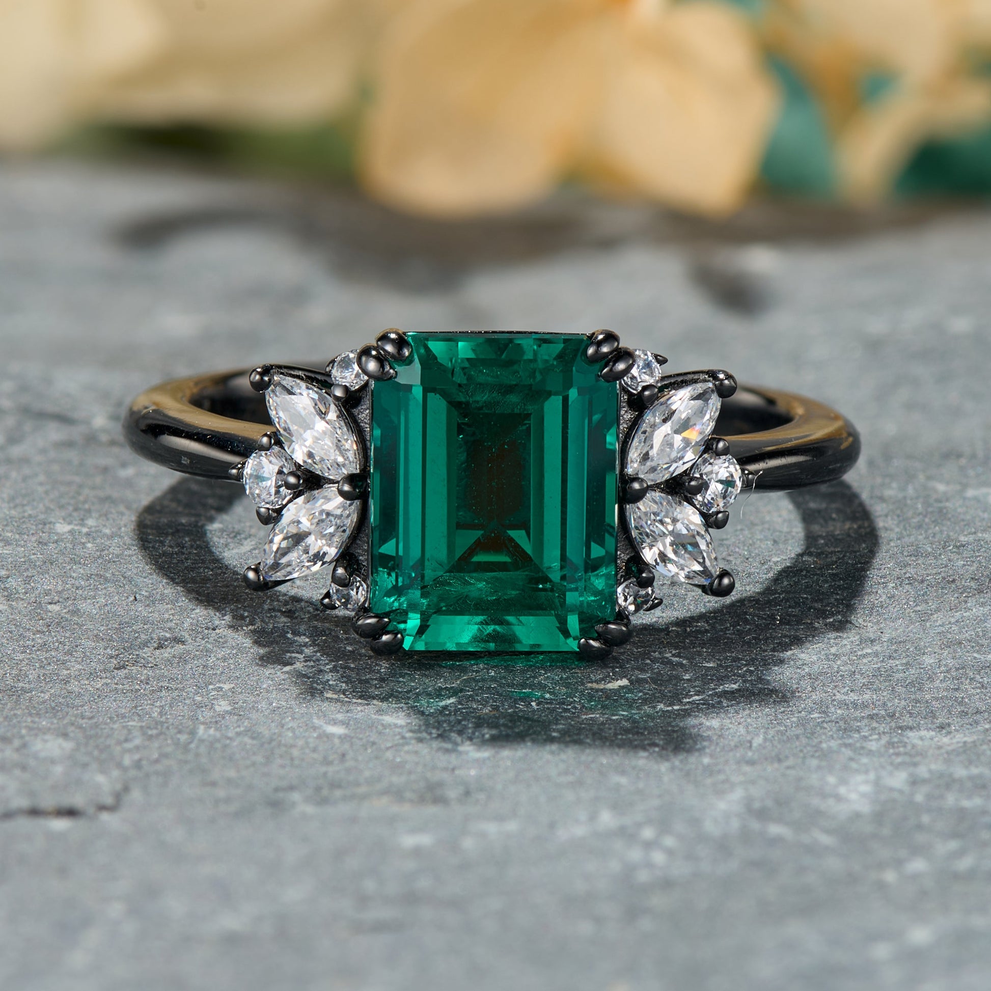 Solandra Emerald Cut Lab Grown Emerald Ice-crackle Texture Black Gold Ring