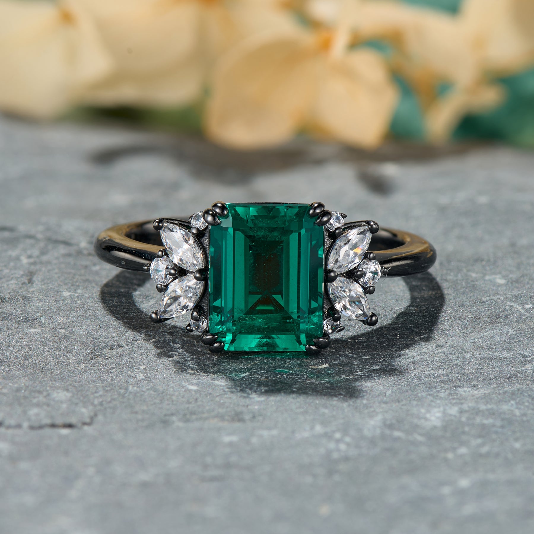 Solandra Emerald Cut Lab Grown Lab Grown Emerald Ice-crackle Texture Black Gold Ring