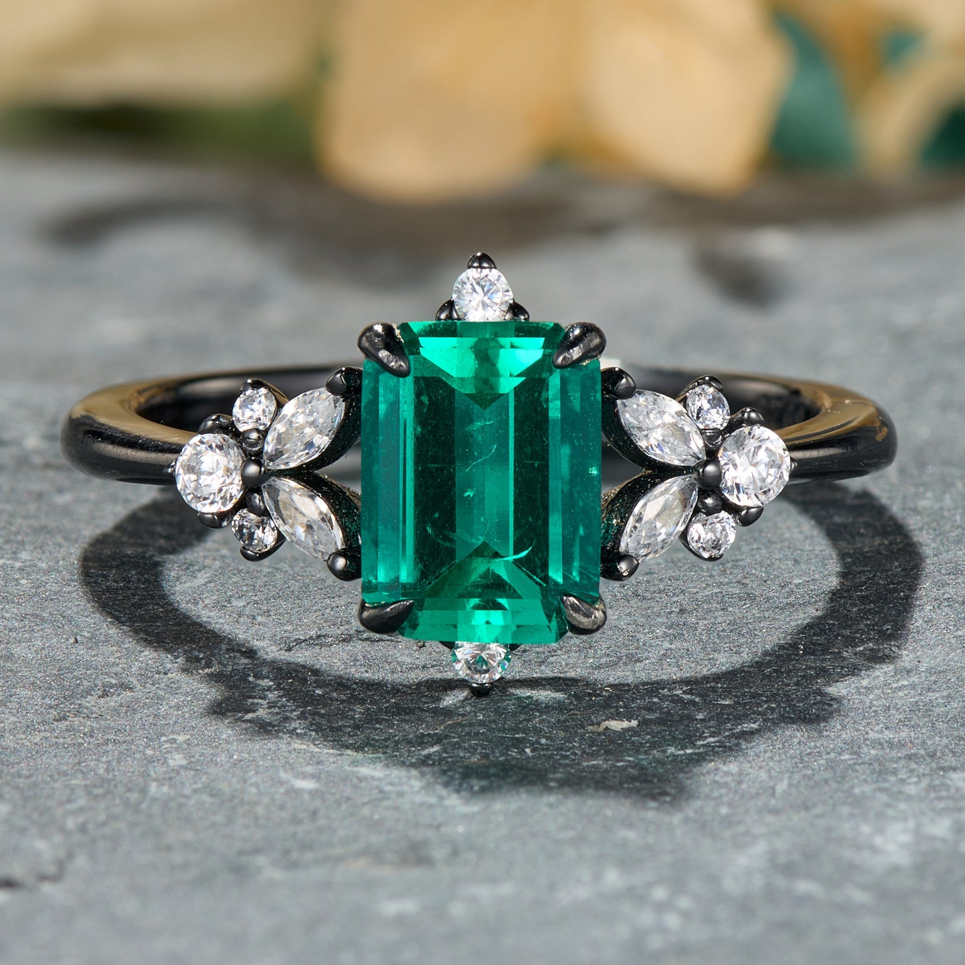 The Rosetta Vintage Emerald Cut Lab Grown Emerald Ice-crackle Texture Black Gold  Ring