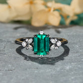 The Rosetta Vintage Emerald Cut Lab Grown Emerald Ice-crackle Texture Black Gold  Ring