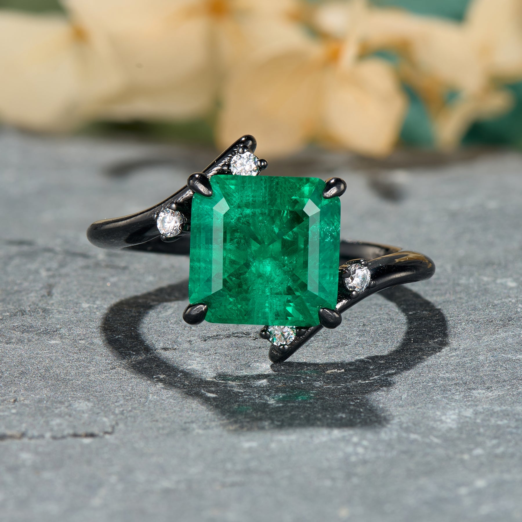 Julissa Princess Cut Lab-Grown Emerald Ice-crackle Texture Black Gold Ring