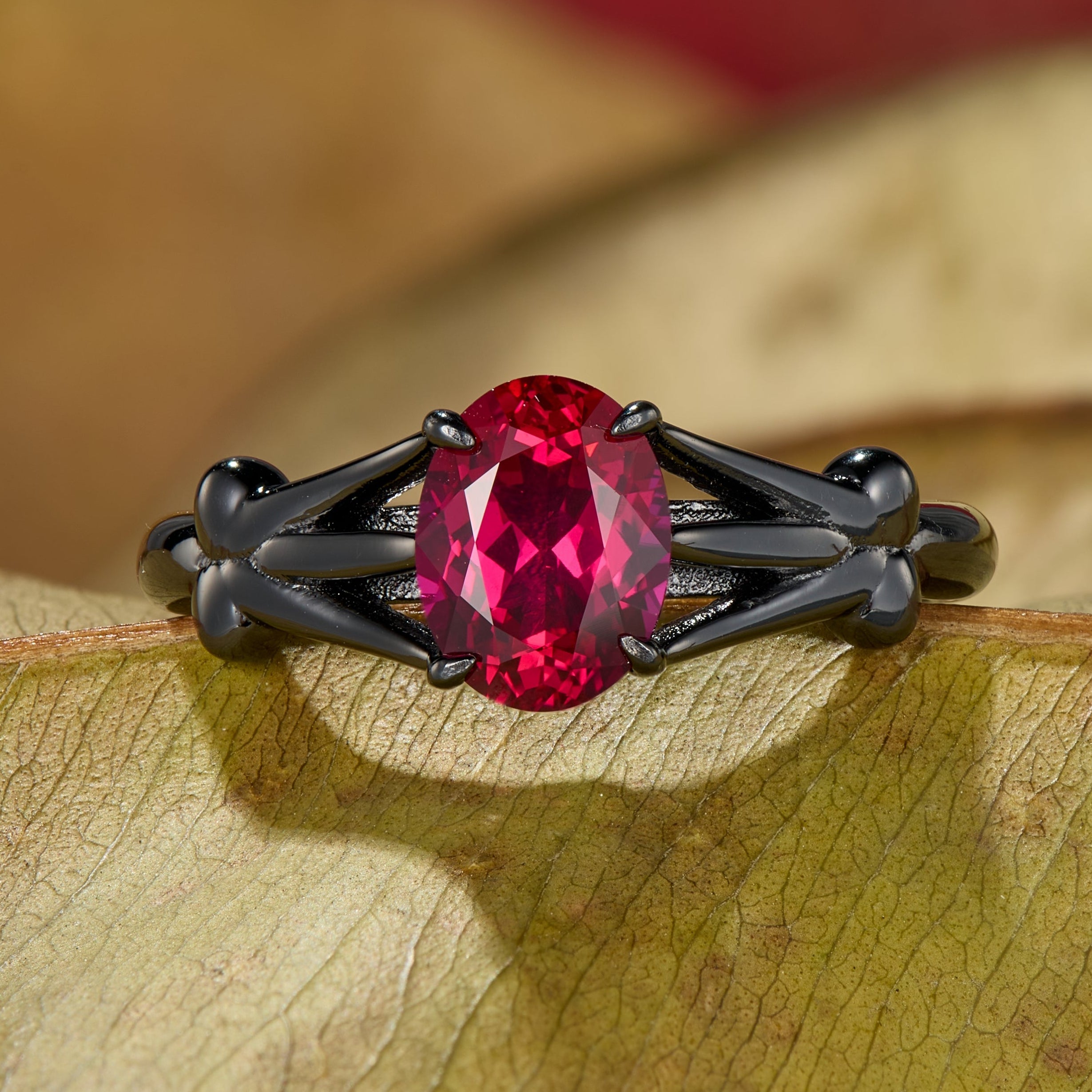 Azura Oval Cut Lab Grown Ruby Ice-crackle Texture Black Gold Ring