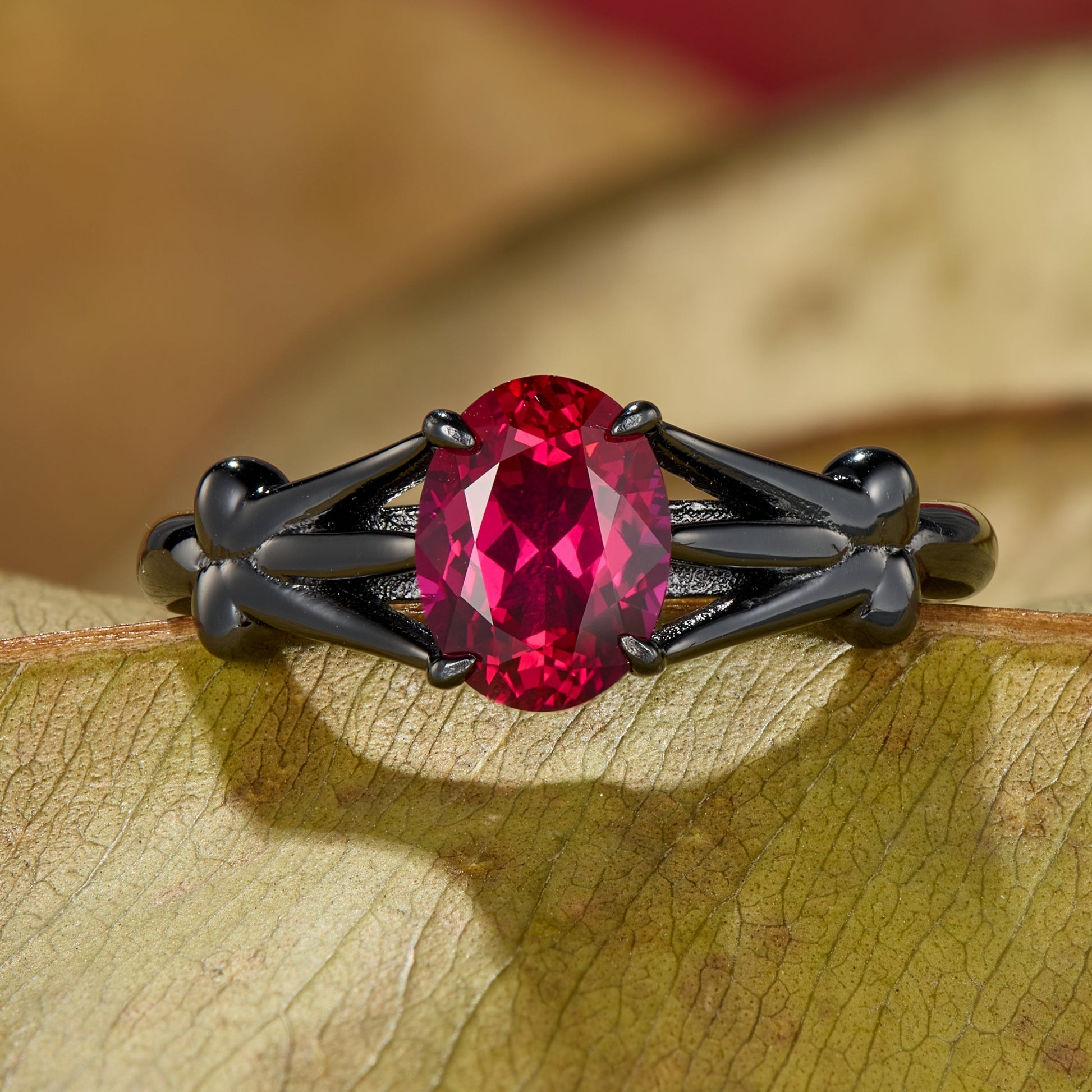 Azura Oval Cut Lab Grown Ruby Ice-crackle Texture Black Gold Ring