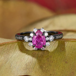 The Bethany Pear Cut Lab Grown Rose Sapphire Ice-crackle Texture Halo Black Gold Ring