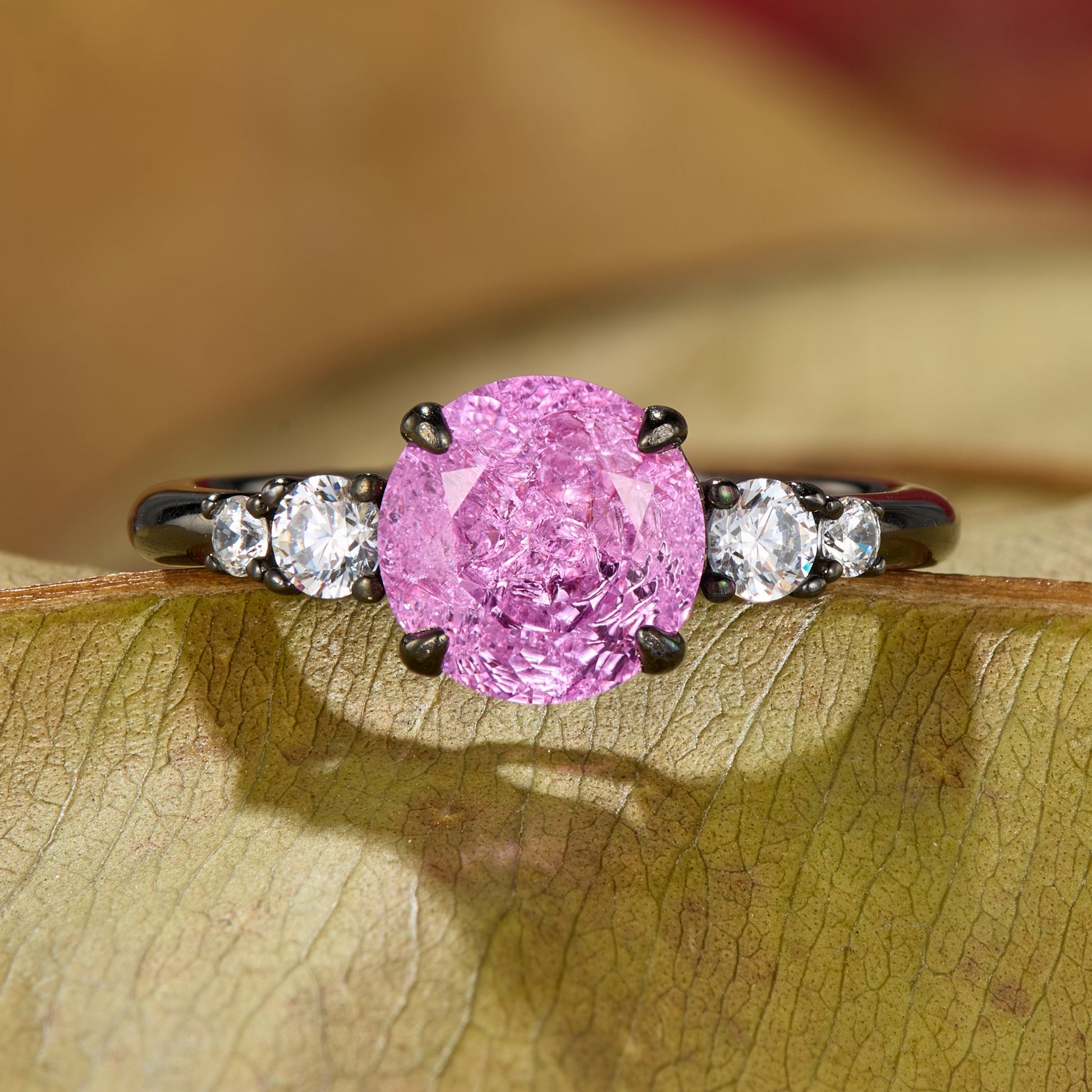 The Alina Round Cut Lab Grown Pink Sapphire Ice-crackle Texture Black Gold Ring