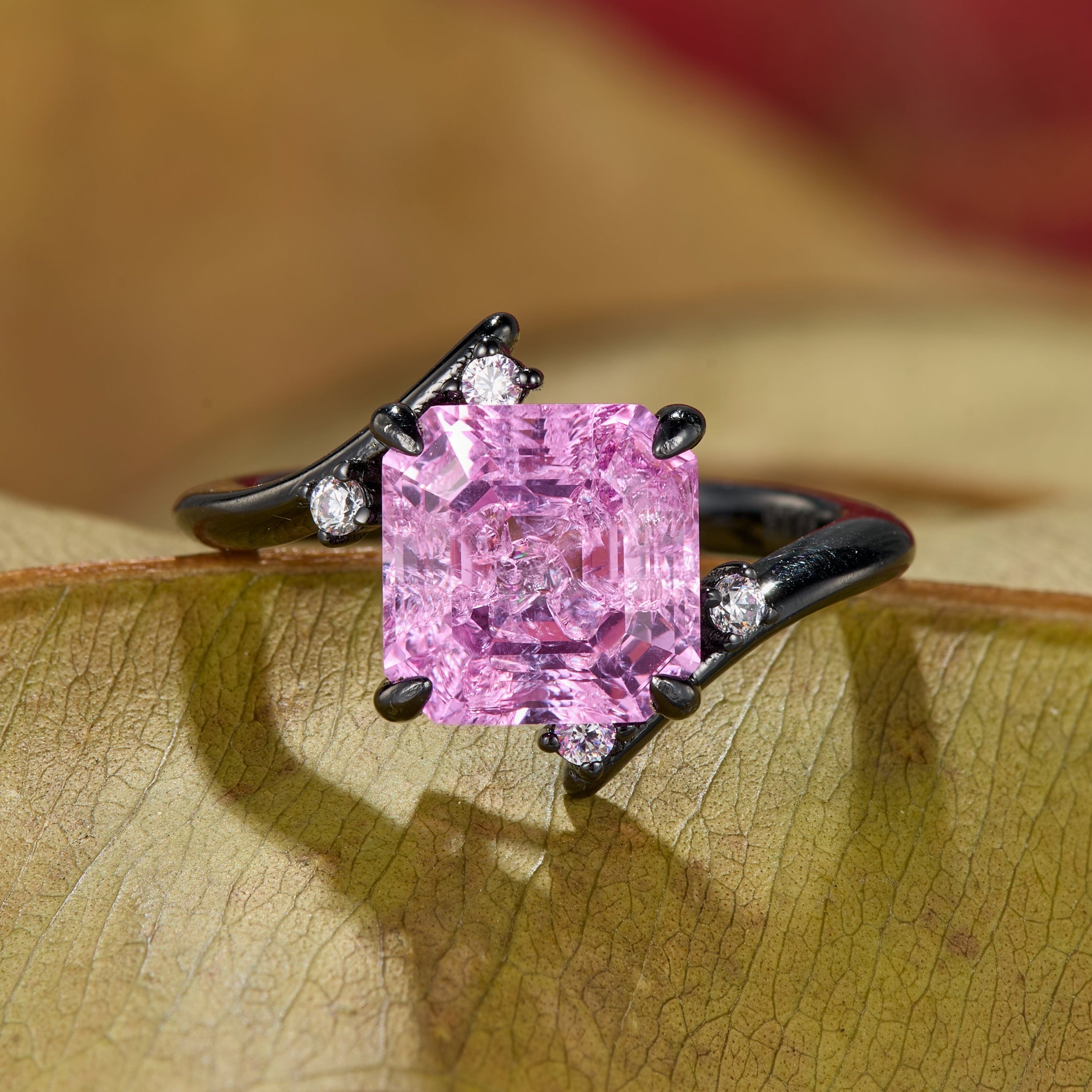 Julissa Princess Cut Lab-Grown Padparadscha Ice-crackle Texture Black Gold Ring