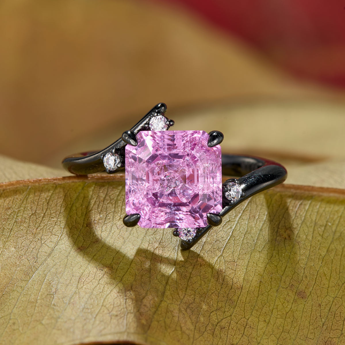 Julissa Princess Cut Lab-Grown Padparadscha Ice-crackle Texture Black Gold Ring