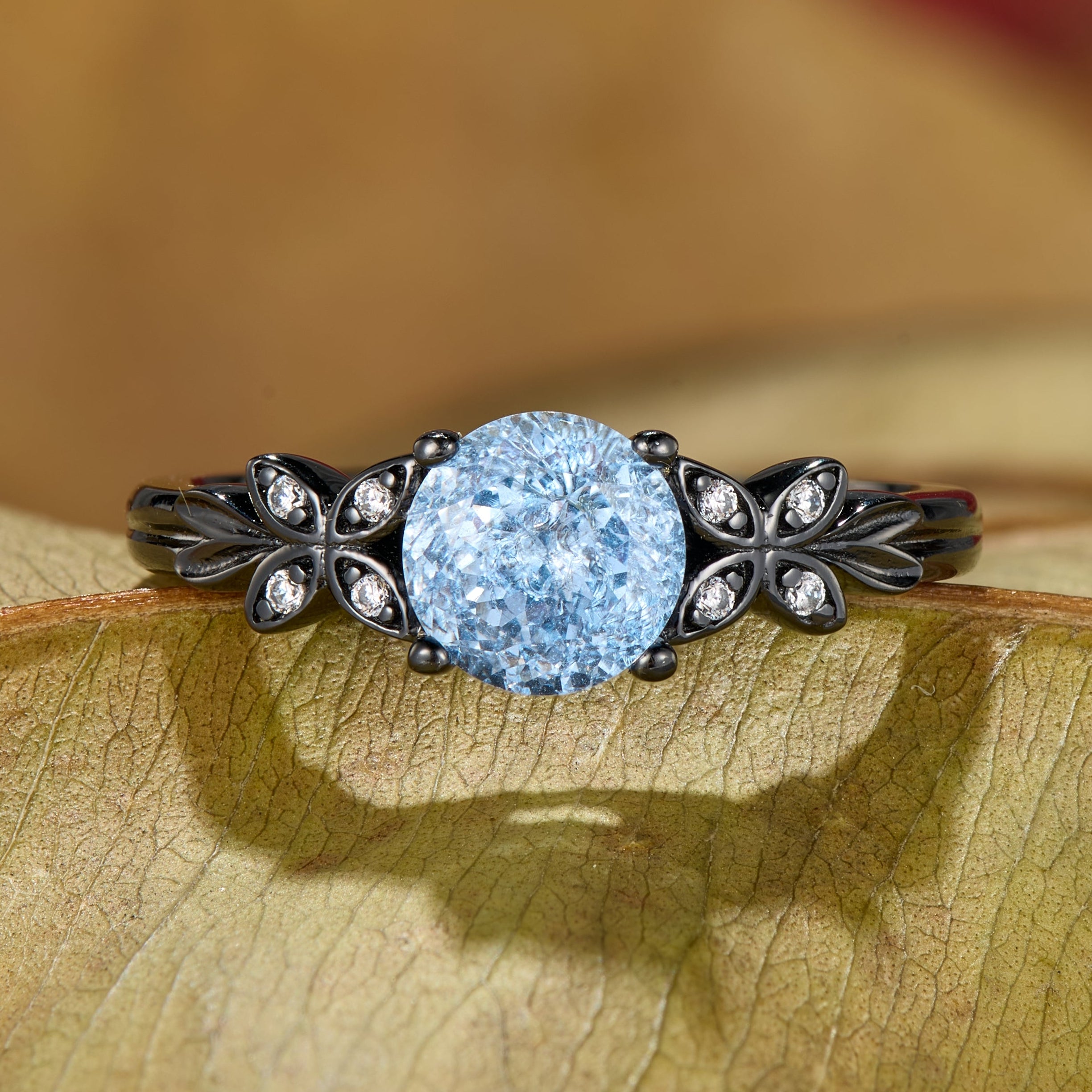 Round Cut Lab Grown Aquamarine Ice-crackle Texture Leafy Black Gold Ring