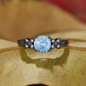 Round Cut Lab Grown Aquamarine Ice-crackle Texture Leafy Black Gold Ring