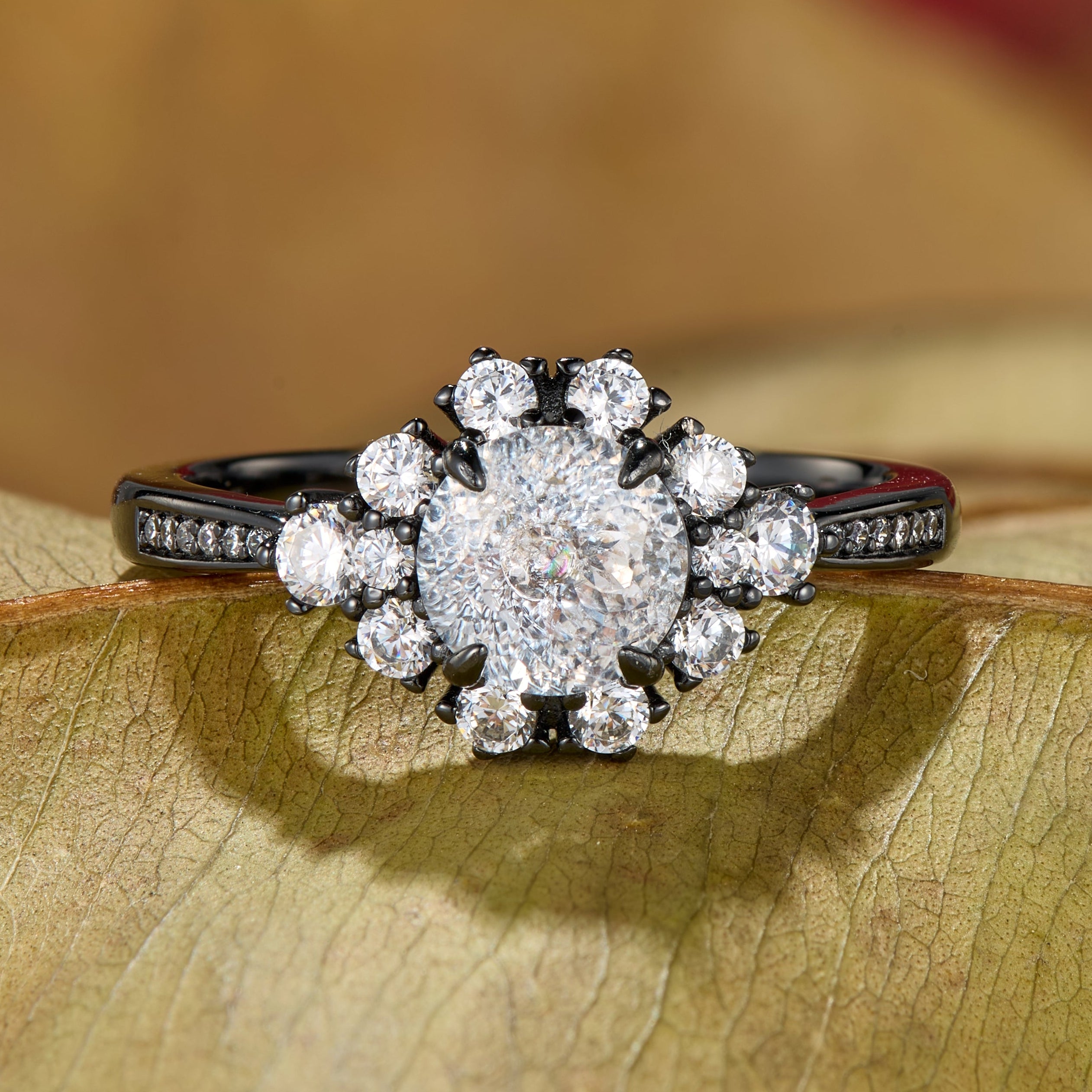 Bethany Round Cut Moissanite Ice-crackle Texture Black Gold Ring