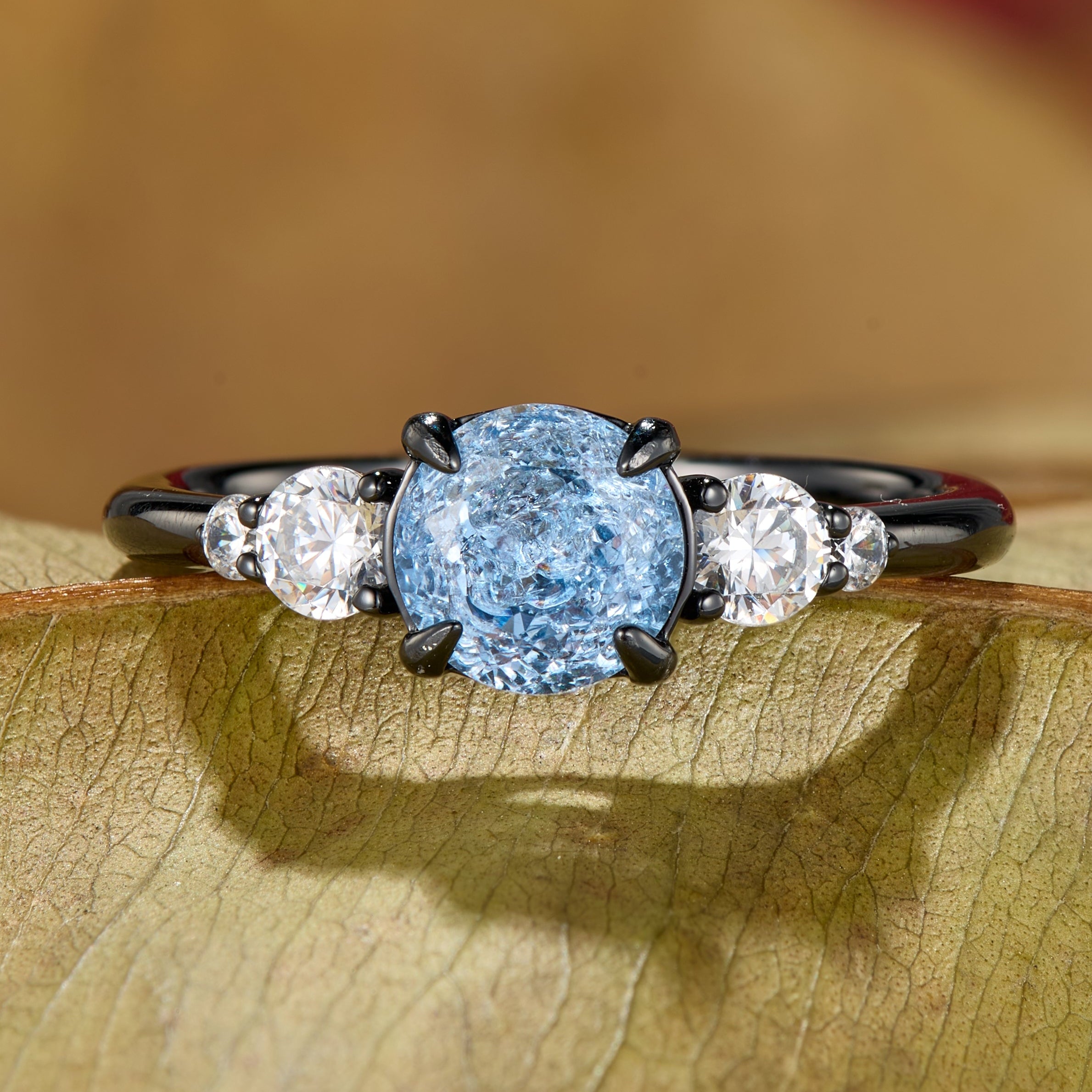 The Alina Round Cut Lab Grown Aquamarine Ice-crackle Texture Black Gold Ring
