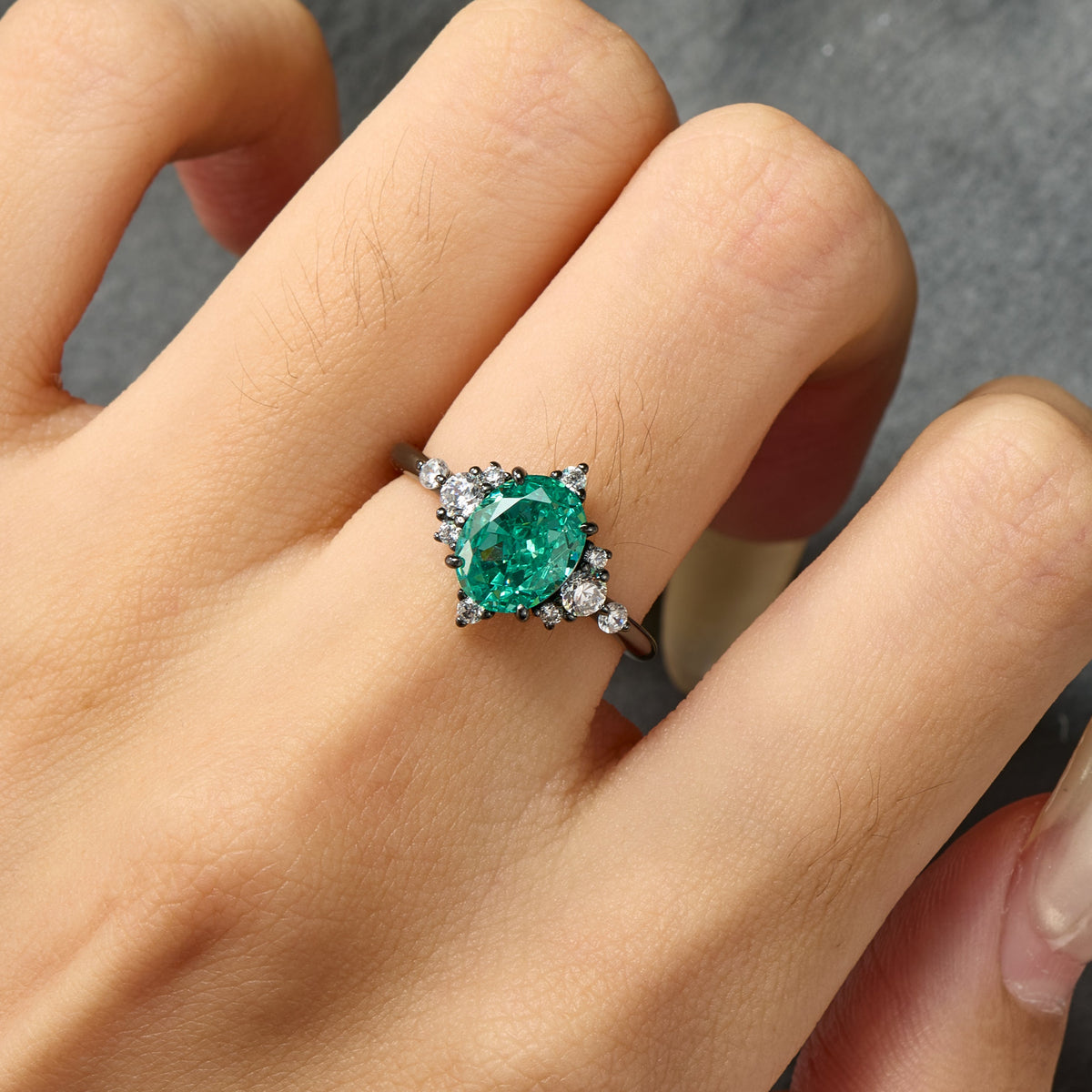 Carlotta Oval Cut Lab Grown Emerald Ice-crackle Texture Black Gold Ring