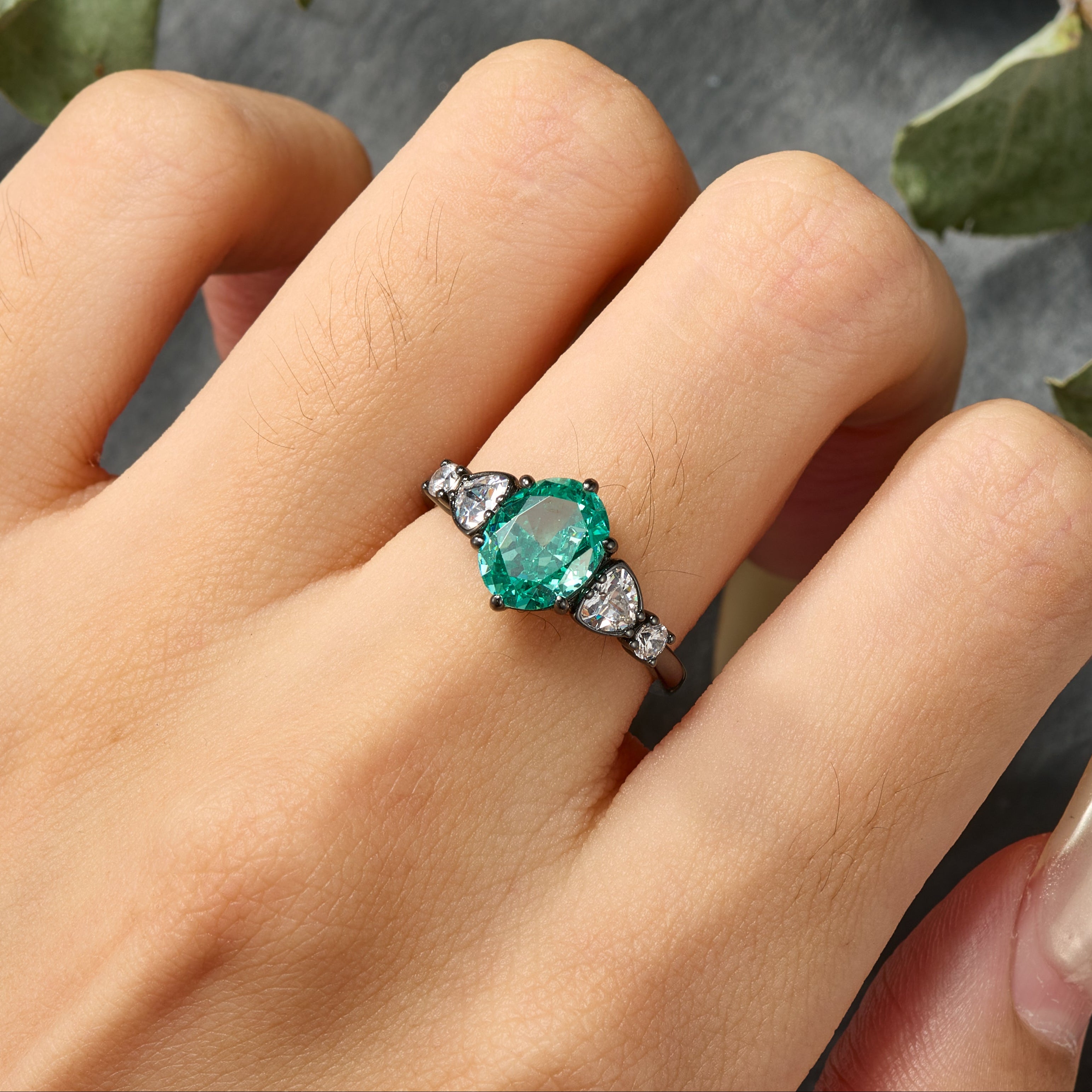 Valoria Oval Cut Lab Grown Emerald Ice-crackle Texture Black Gold Ring