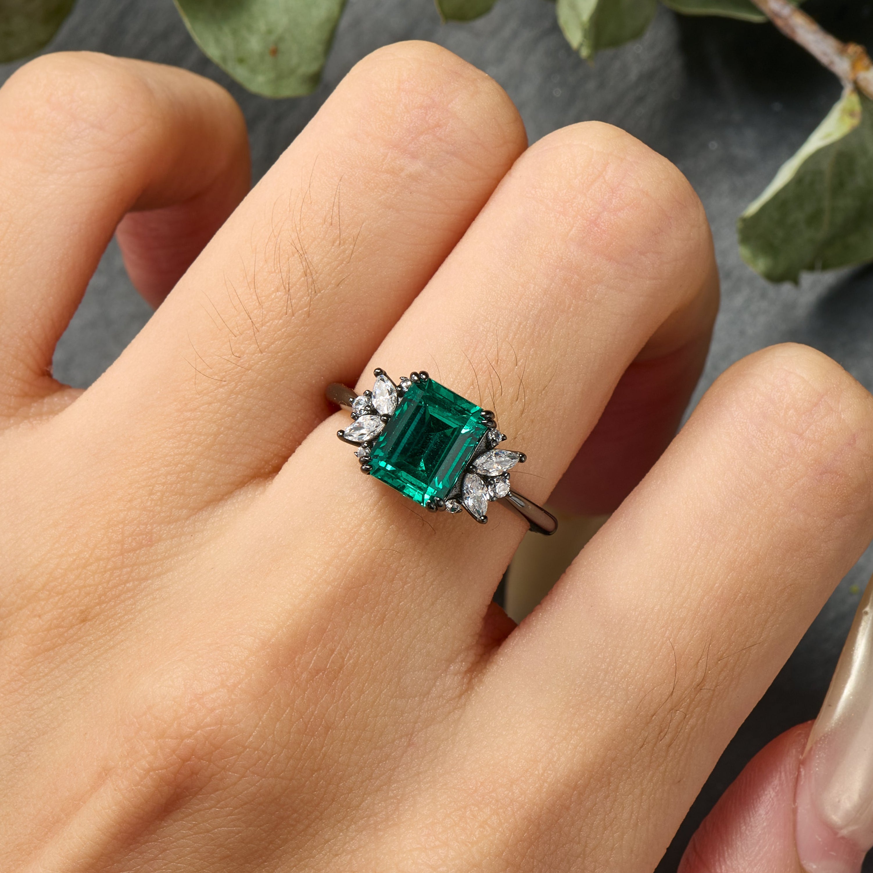 Solandra Emerald Cut Lab Grown Emerald Ice-crackle Texture Black Gold Ring