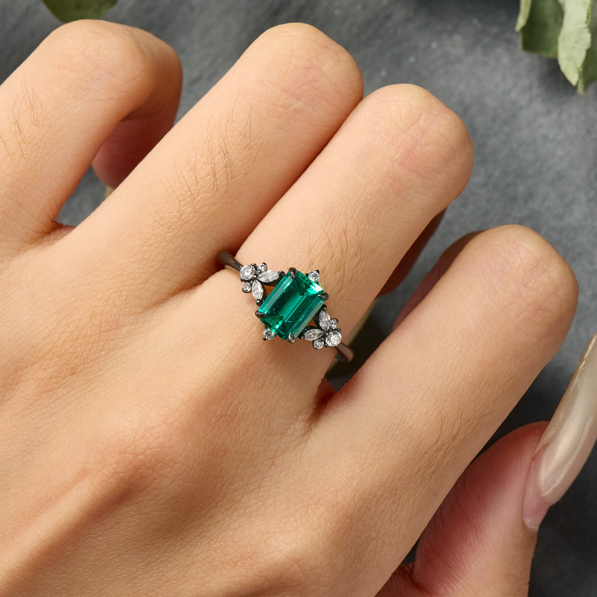 The Rosetta Vintage Emerald Cut Lab Grown Emerald Ice-crackle Texture Black Gold  Ring