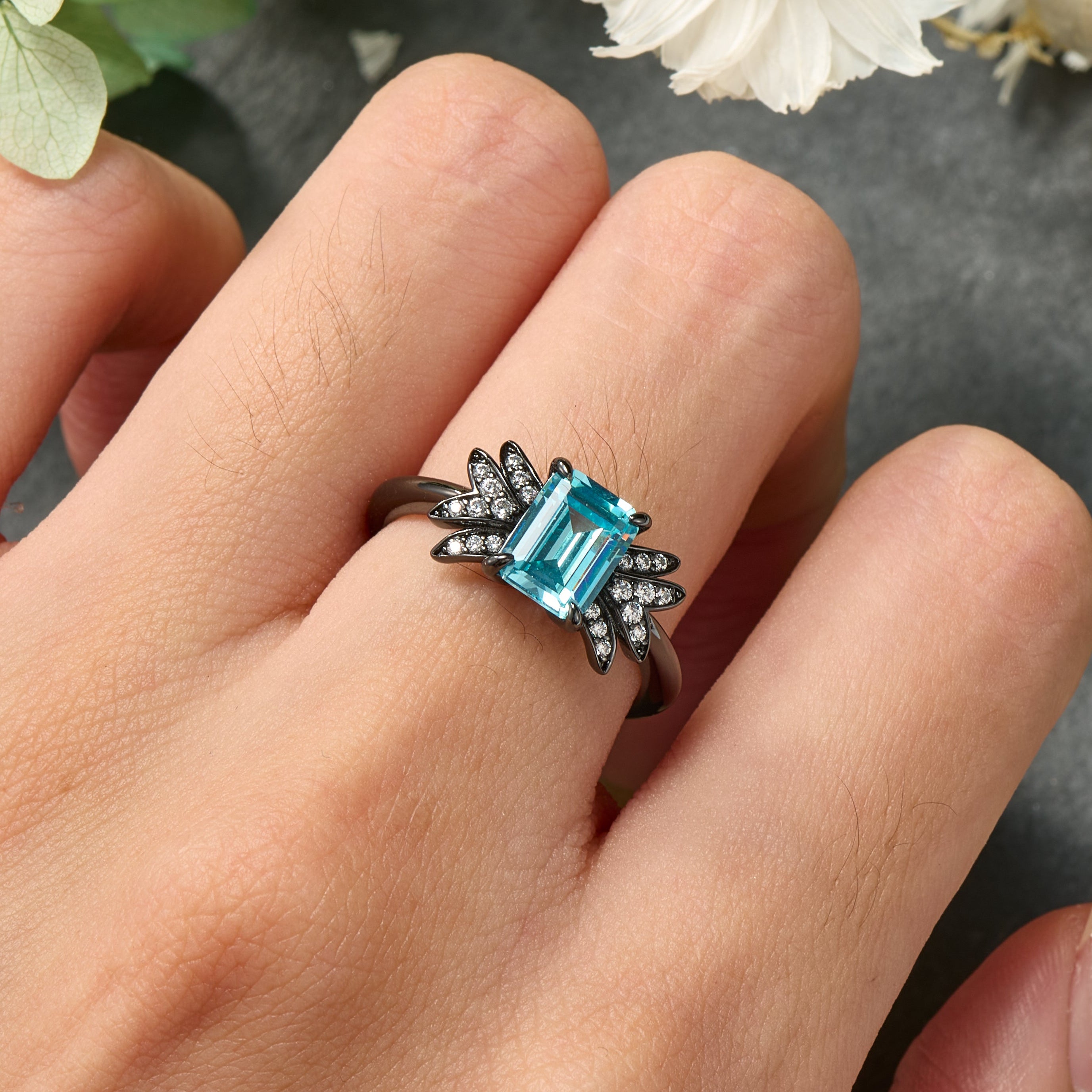 Evadne Emerald-Cut Topaz Black Gold Engagement Ring