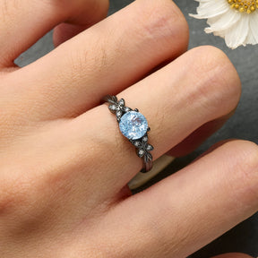 Round Cut Lab Grown Aquamarine Ice-crackle Texture Leafy Black Gold Ring