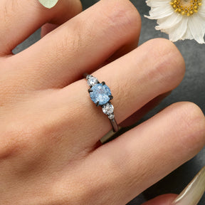 The Alina Round Cut Lab Grown Aquamarine Ice-crackle Texture Black Gold Ring