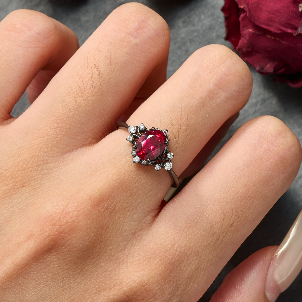Valoria Oval Cut Lab Grown Ruby Ice-crackle Texture Black Gold Ring