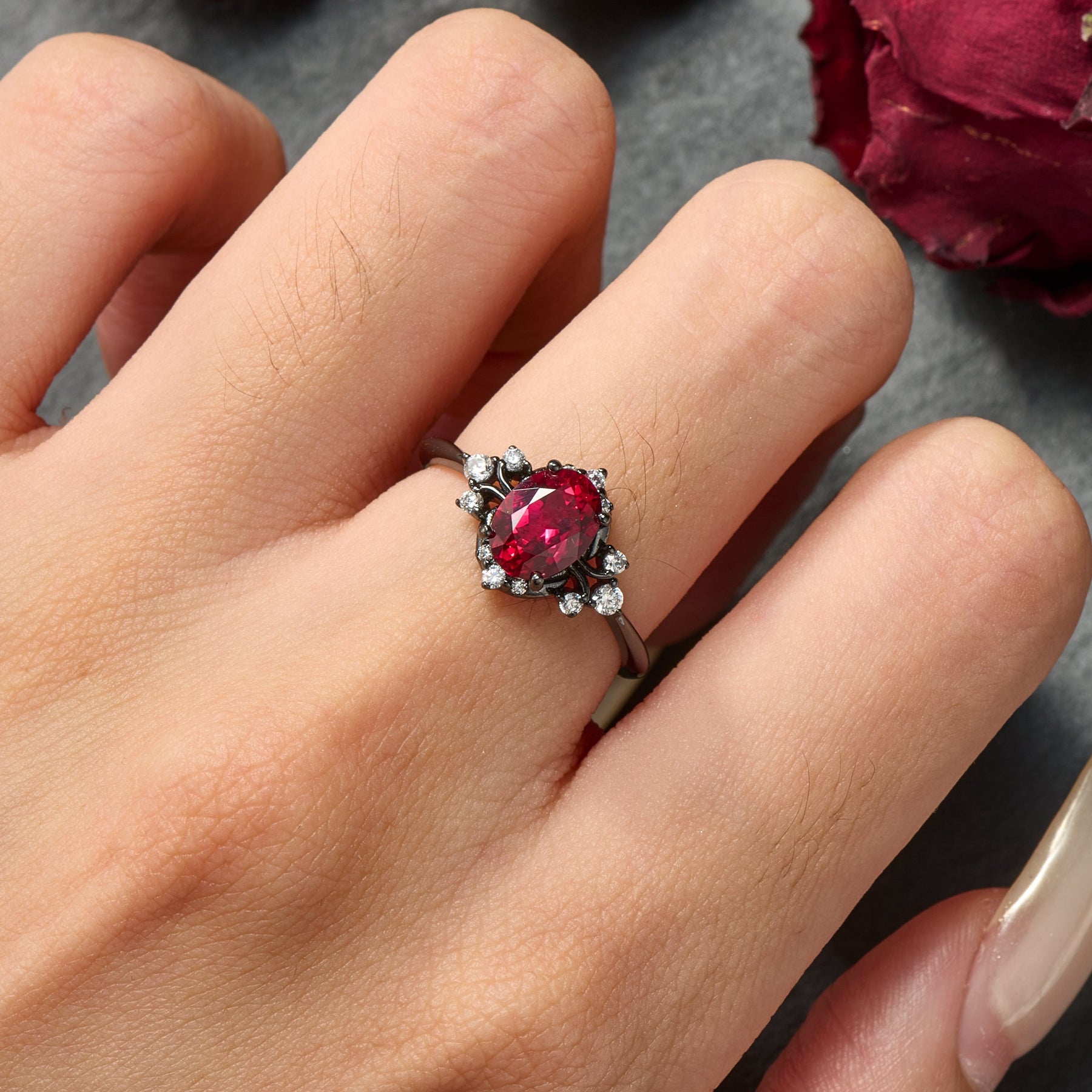Valoria Oval Cut Lab Grown Ruby Ice-crackle Texture Black Gold Ring