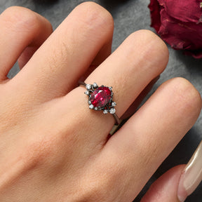 Valoria Oval Cut Lab Grown Ruby Ice-crackle Texture Black Gold Ring