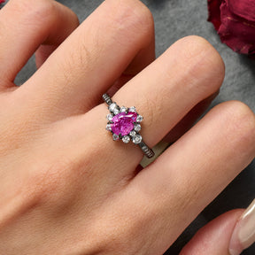 The Bethany Pear Cut Lab Grown Rose Sapphire Ice-crackle Texture Halo Black Gold Ring