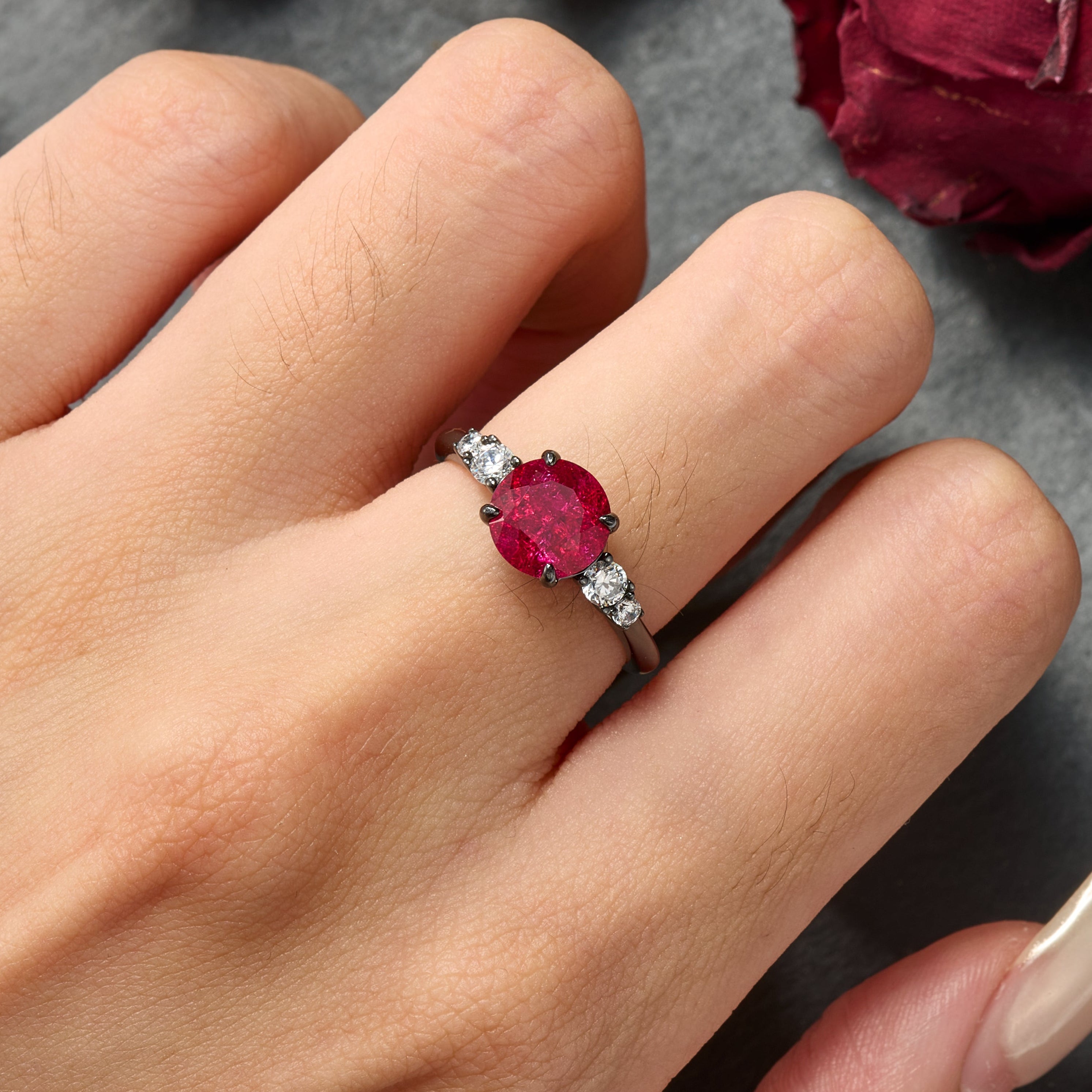 The Alina Round Cut Lab Grown Ruby Ice-crackle Texture Black Gold Ring