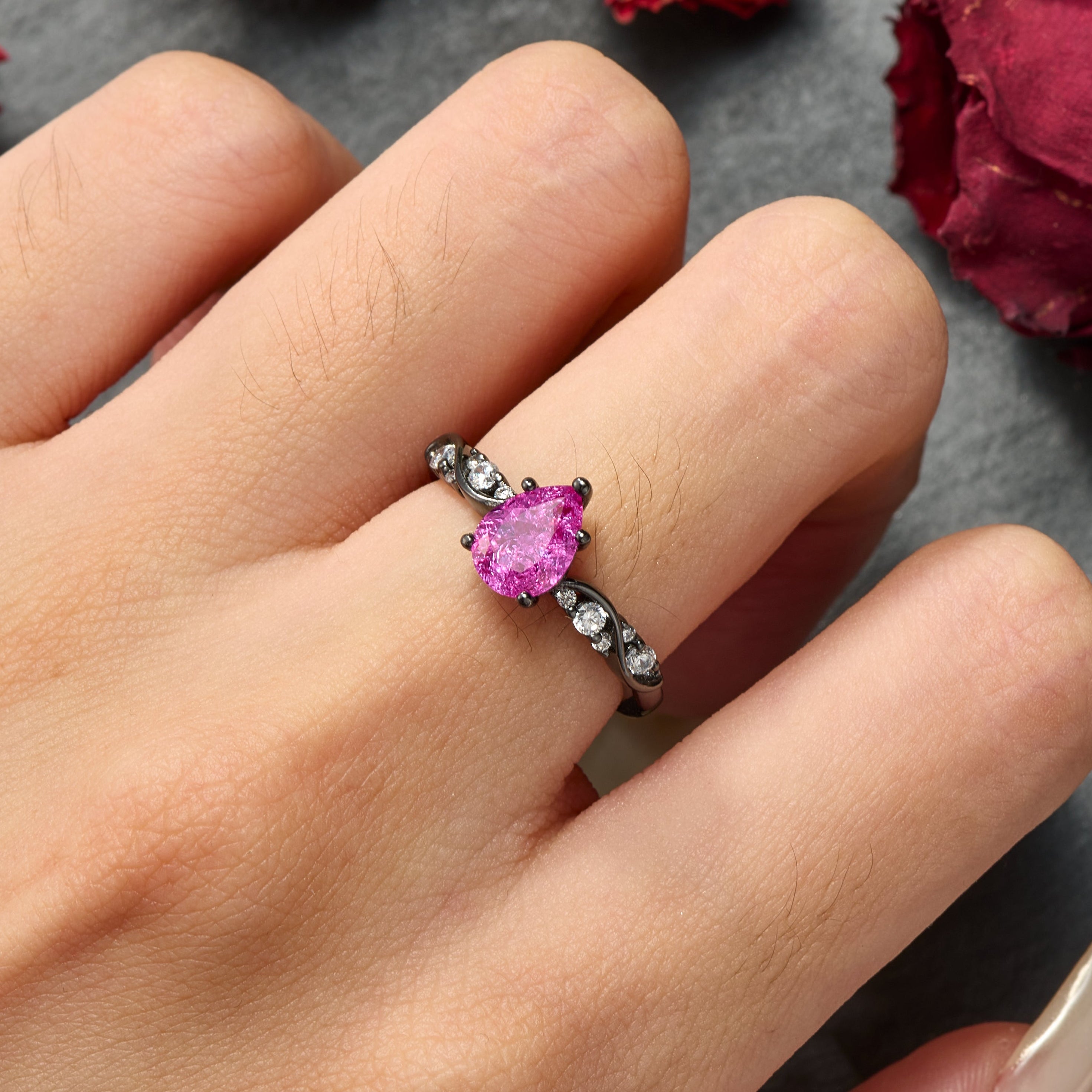 Pear Cut Lab Grown Rose Sapphire Ice-crackle Texture Ring