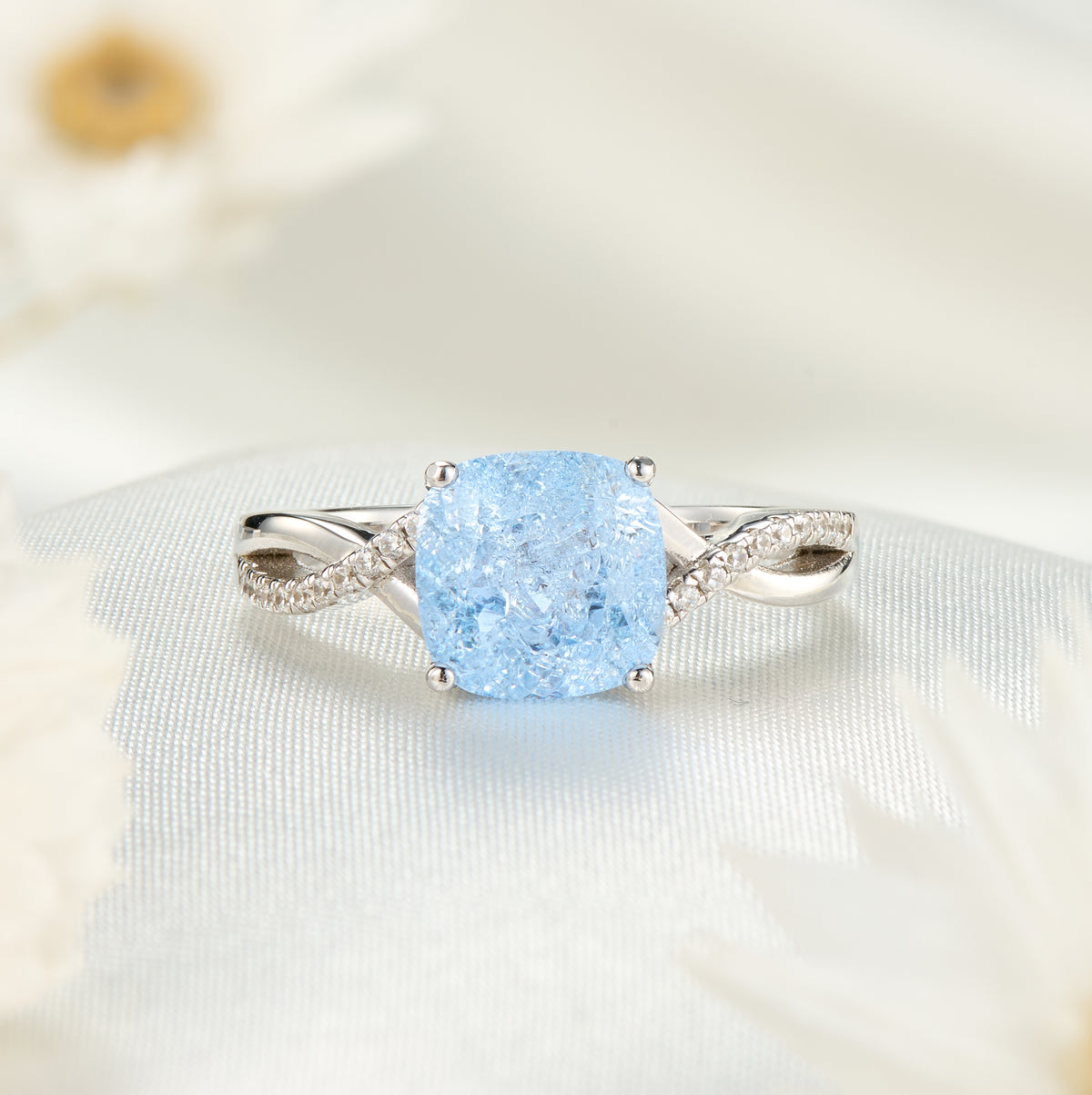 The Gisella Asscher Cut Lab Grown Aquamarine Ice-crackle Texture Ring
