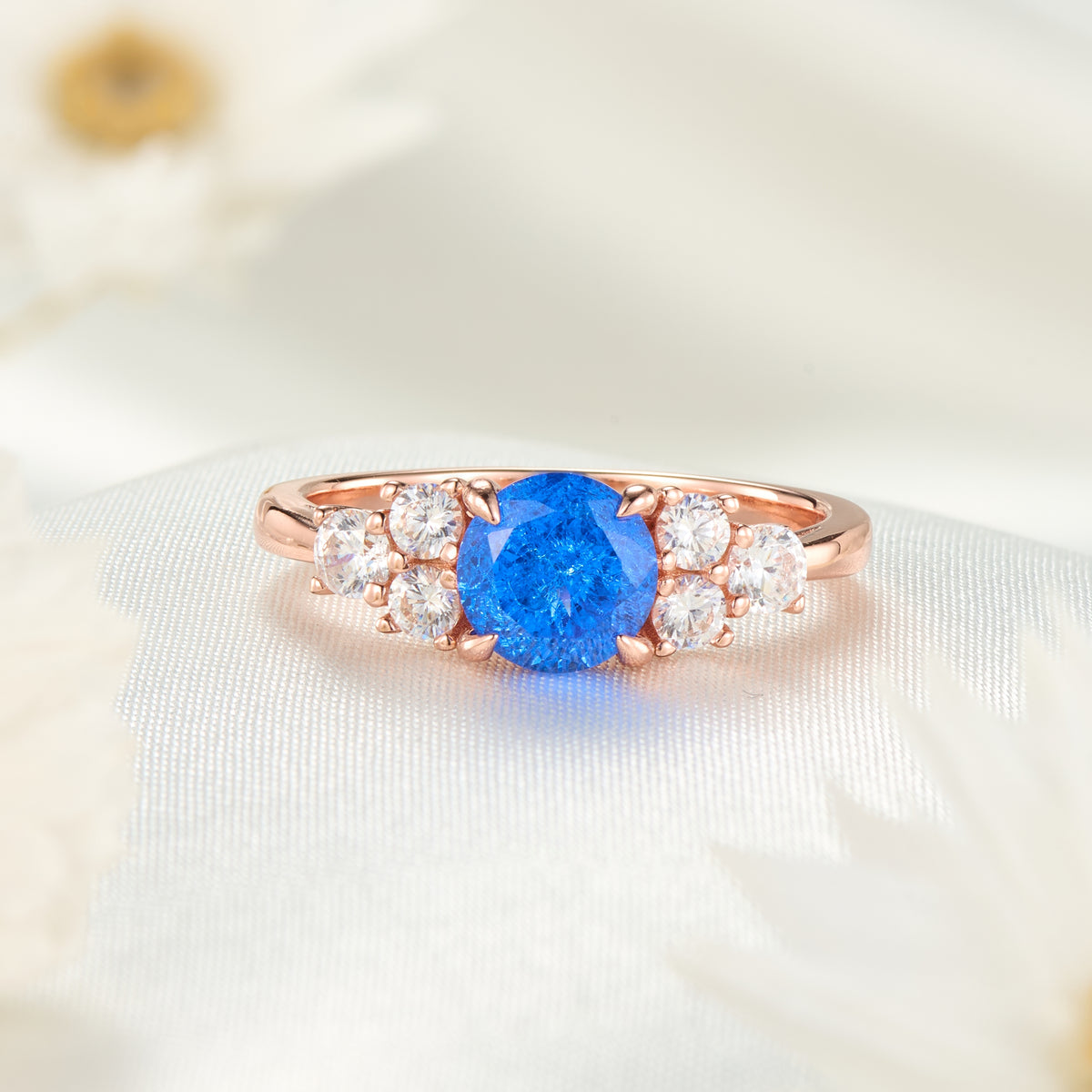 Carina Lab Grown Blue Spinel Triple Stone Ice-crackle Texture Ring