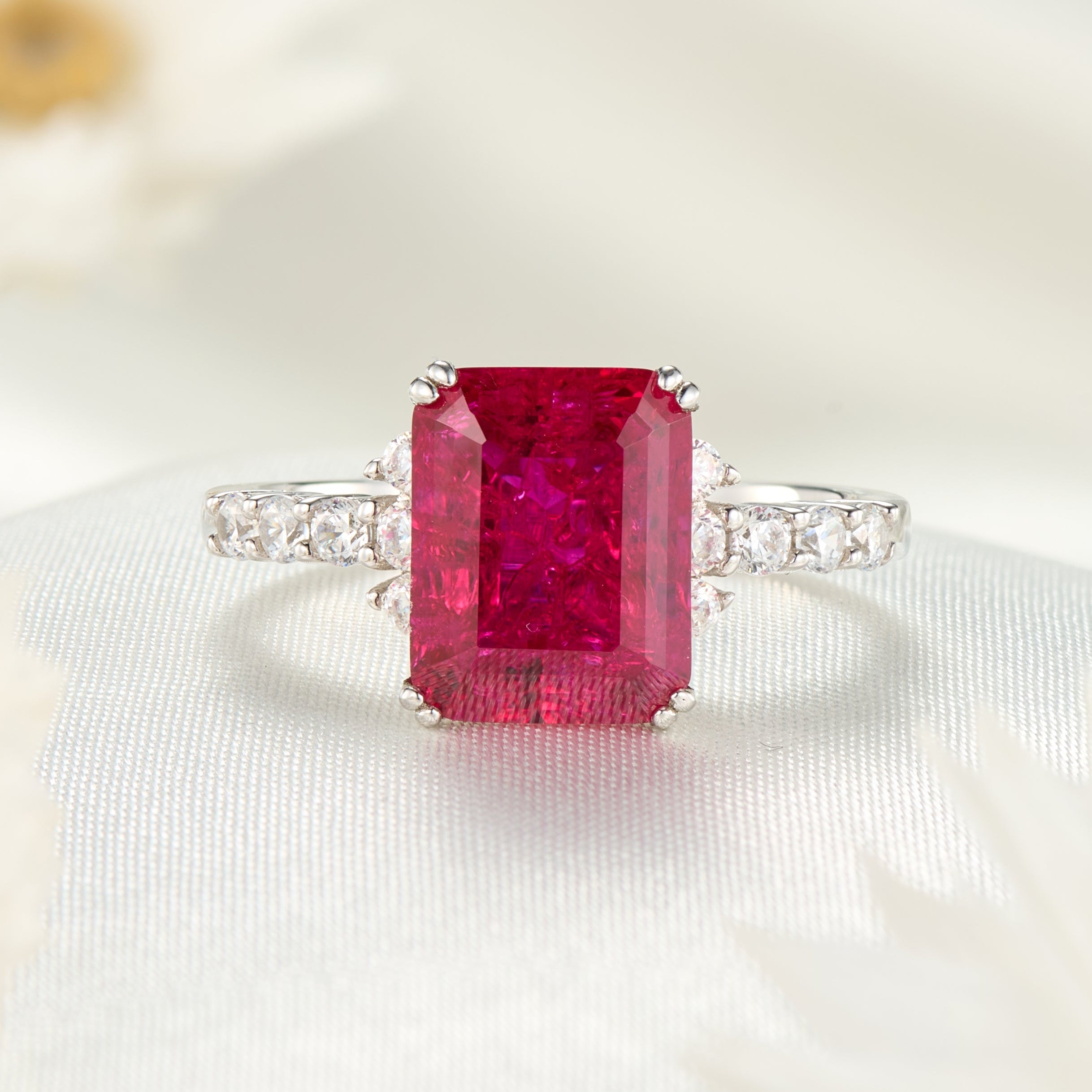 The Bella Emerald Cut Lab Grown Ruby Ice-crackle Texture Ring
