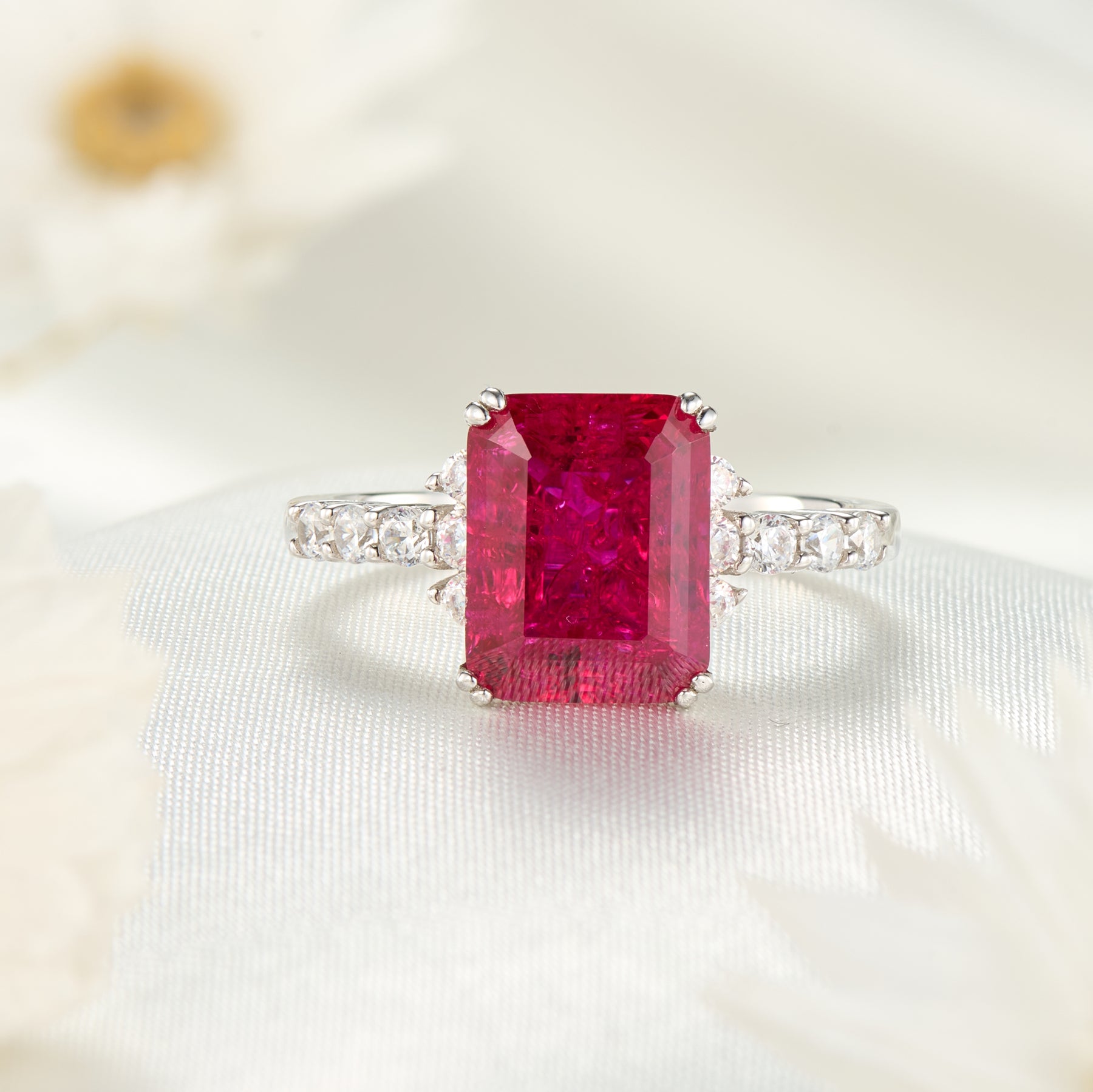 The Bella Emerald Cut Lab Grown Ruby Sapphire Ice-crackle Texture Ring