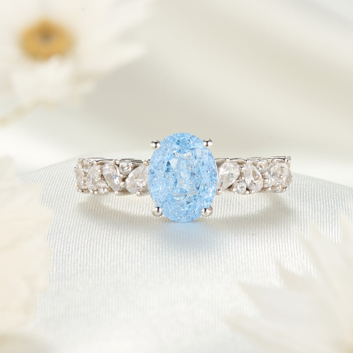 The Celestine Oval Cut Lab Grown Aquamarine Ice-crackle Texture Ring