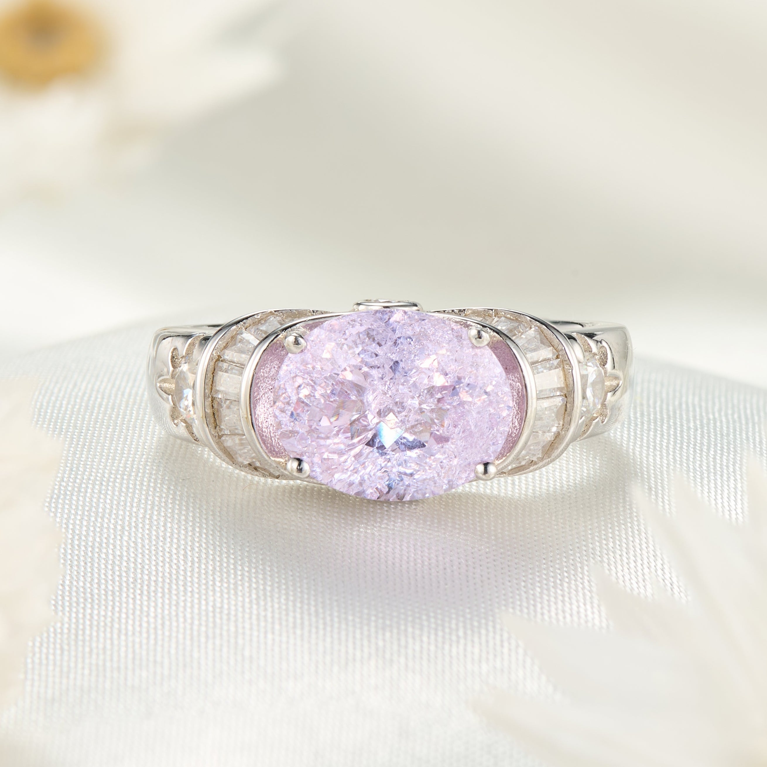 The Esmeralda Oval Cut Lab Grown Lavender Garnets Ice-crackle Texture Ring