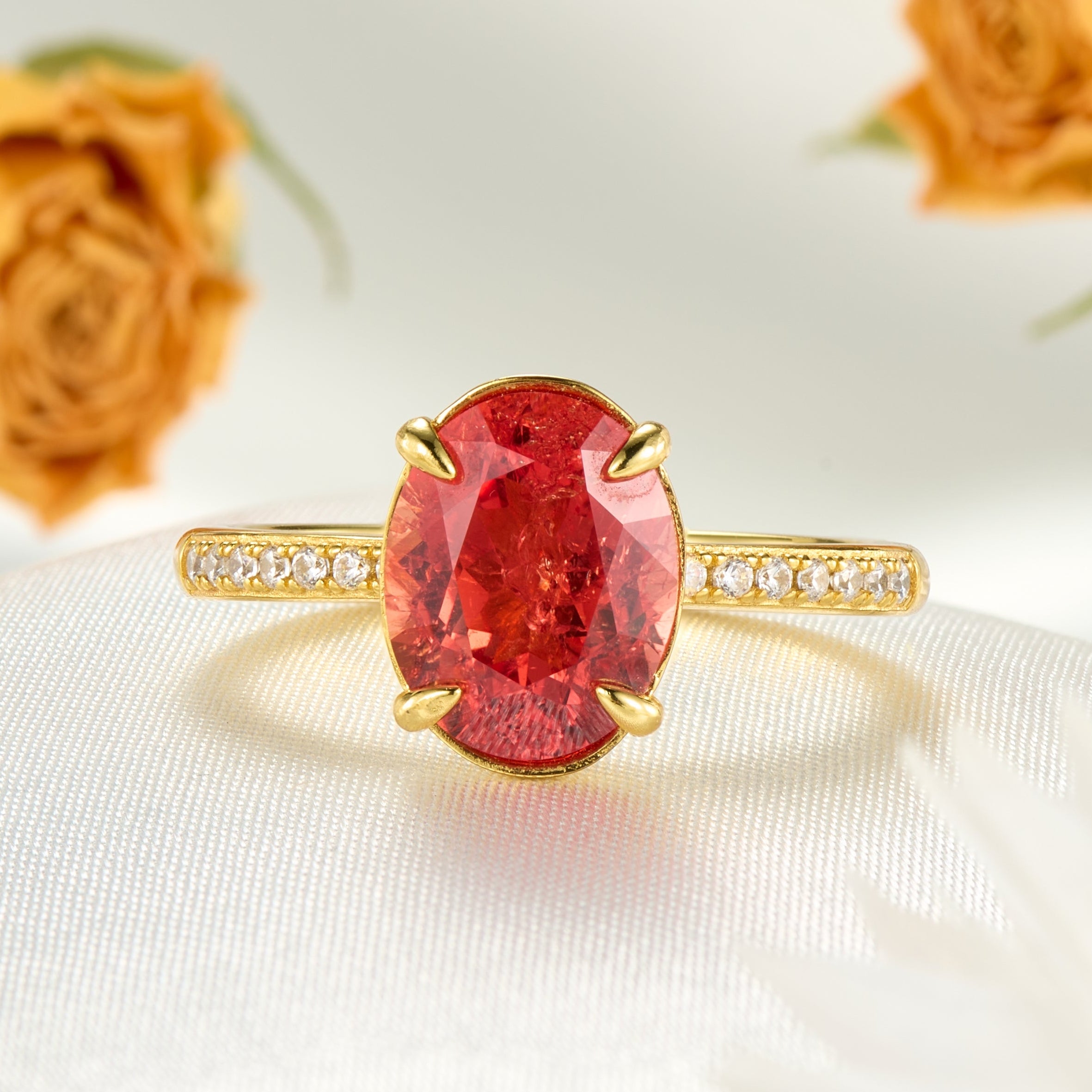The Luna Oval Cut Lab Grown Fanta Garnets Ice-crackle Texture Ring