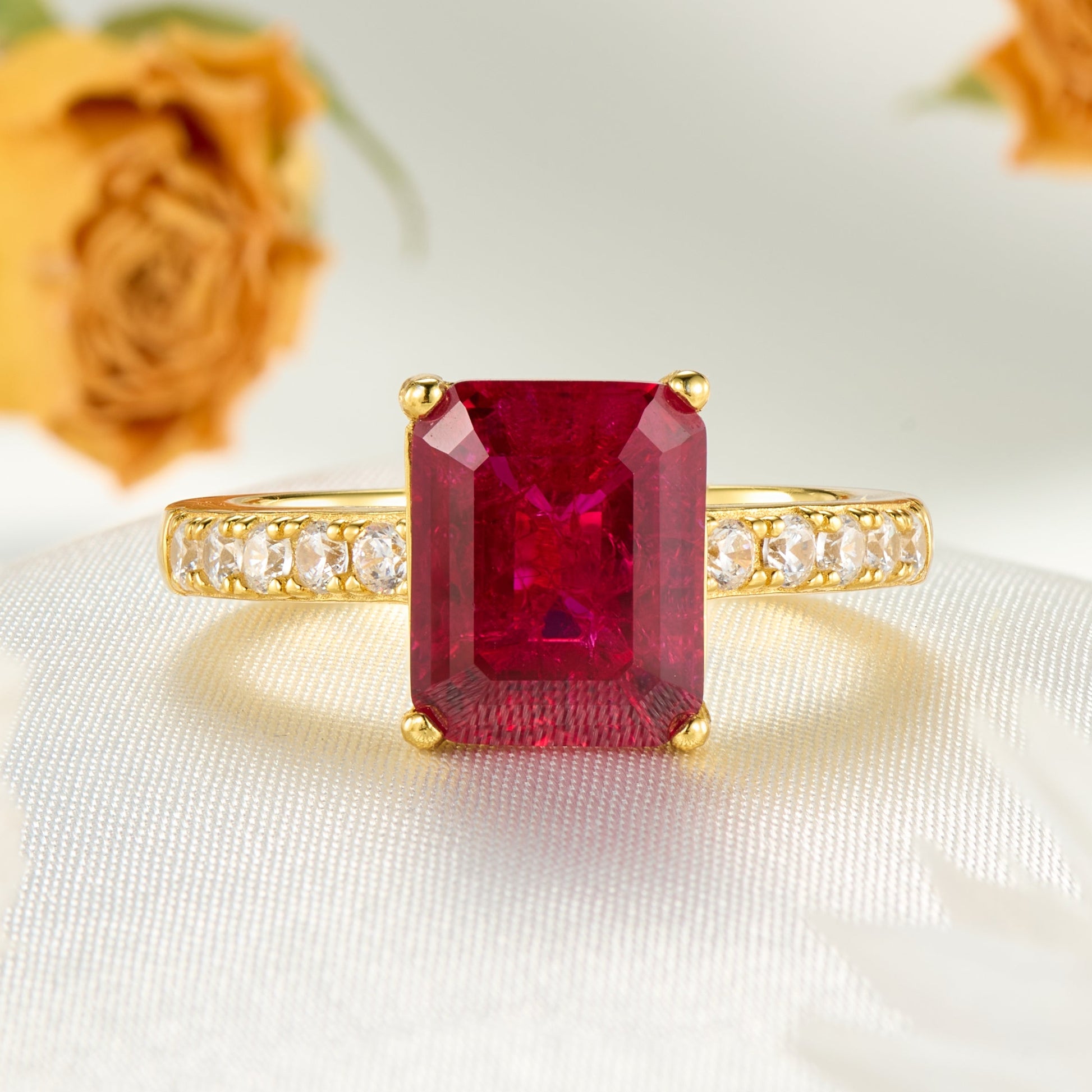 The Bella Emerald Cut Lab Grown Ruby Ice-crackle Texture Engagement Ring