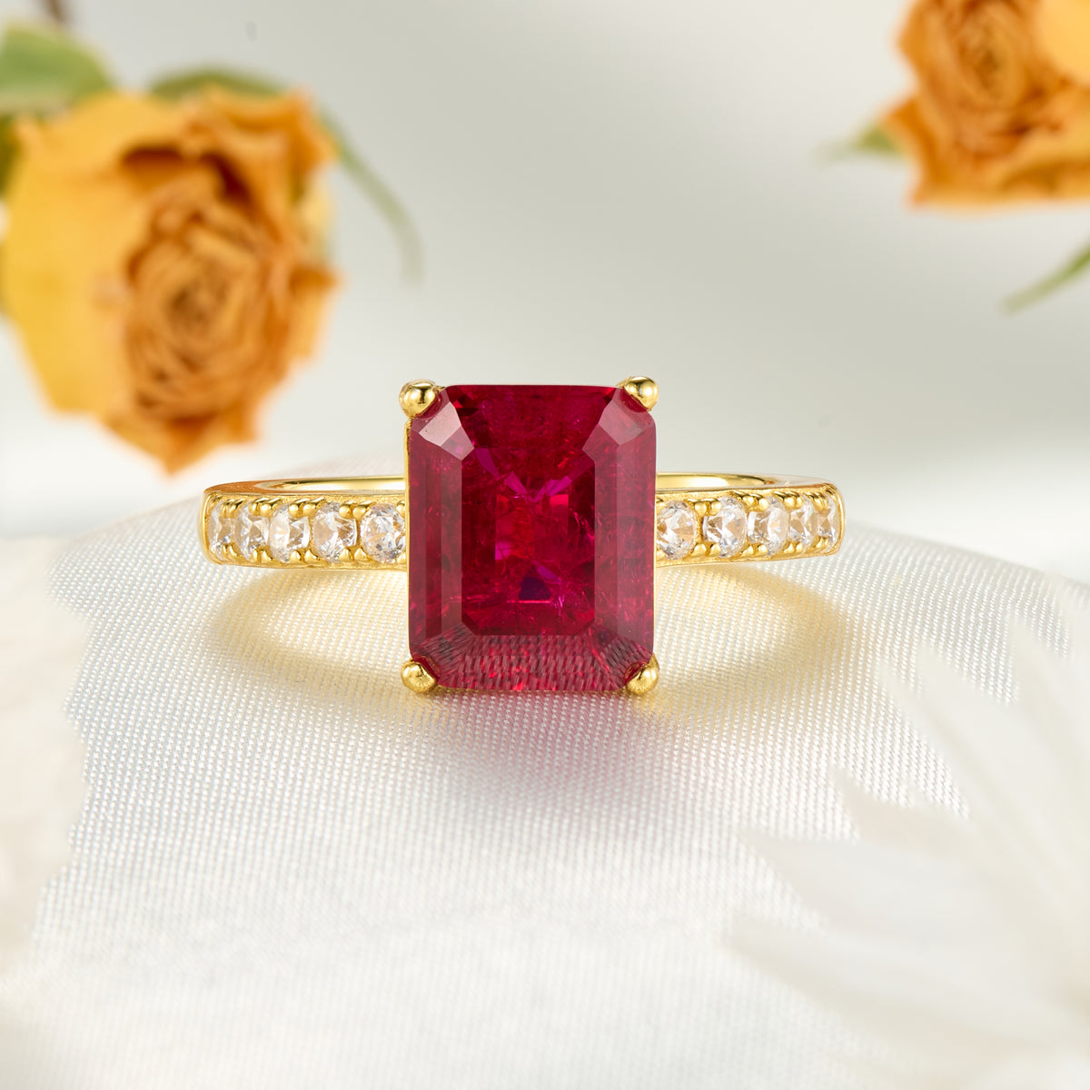 The Bella Emerald Cut Lab Grown Ruby Sapphire Ice-crackle Texture Engagement Ring