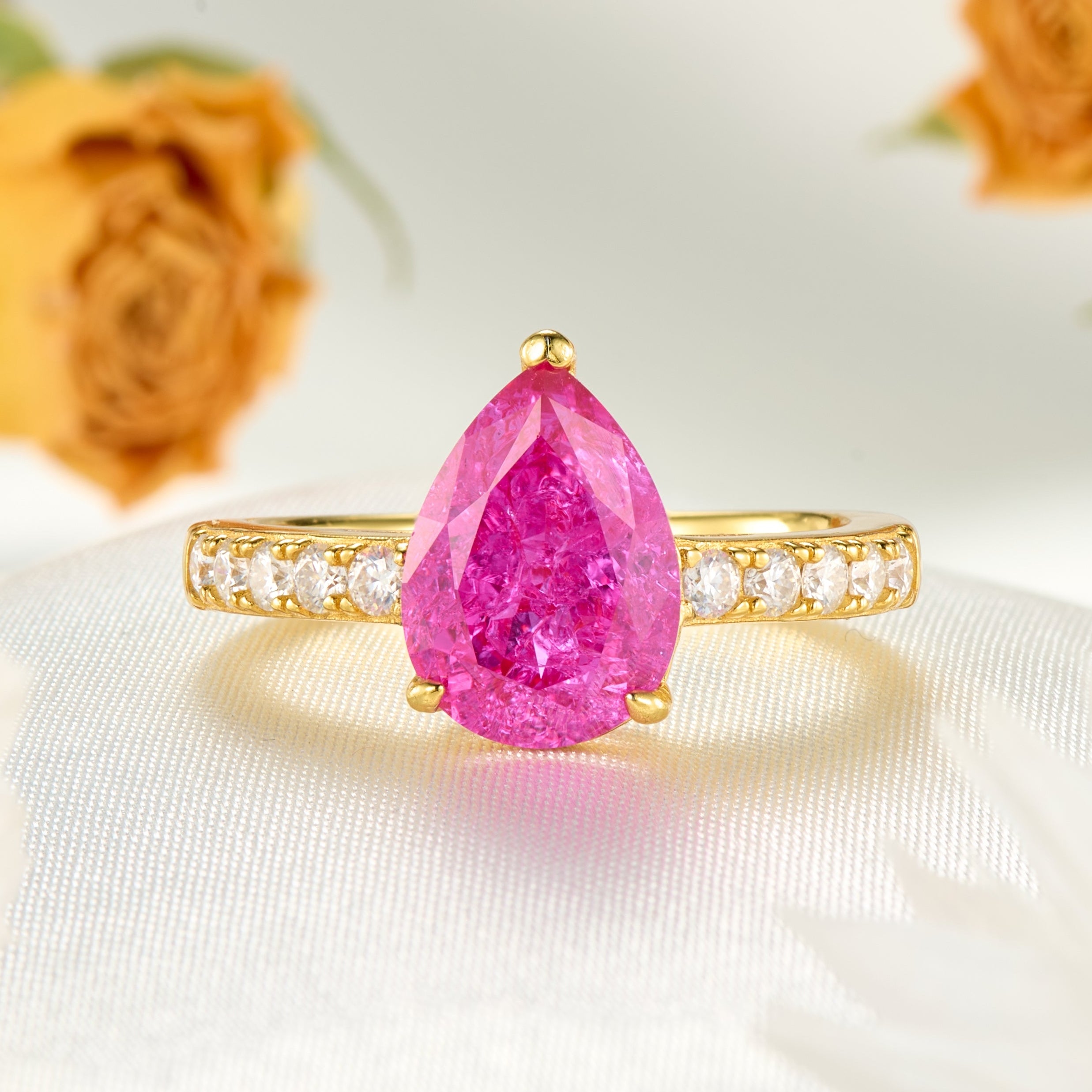 Celina Pear Cut Lab Grown Rose Sapphire Ice-crackle Texture Ring