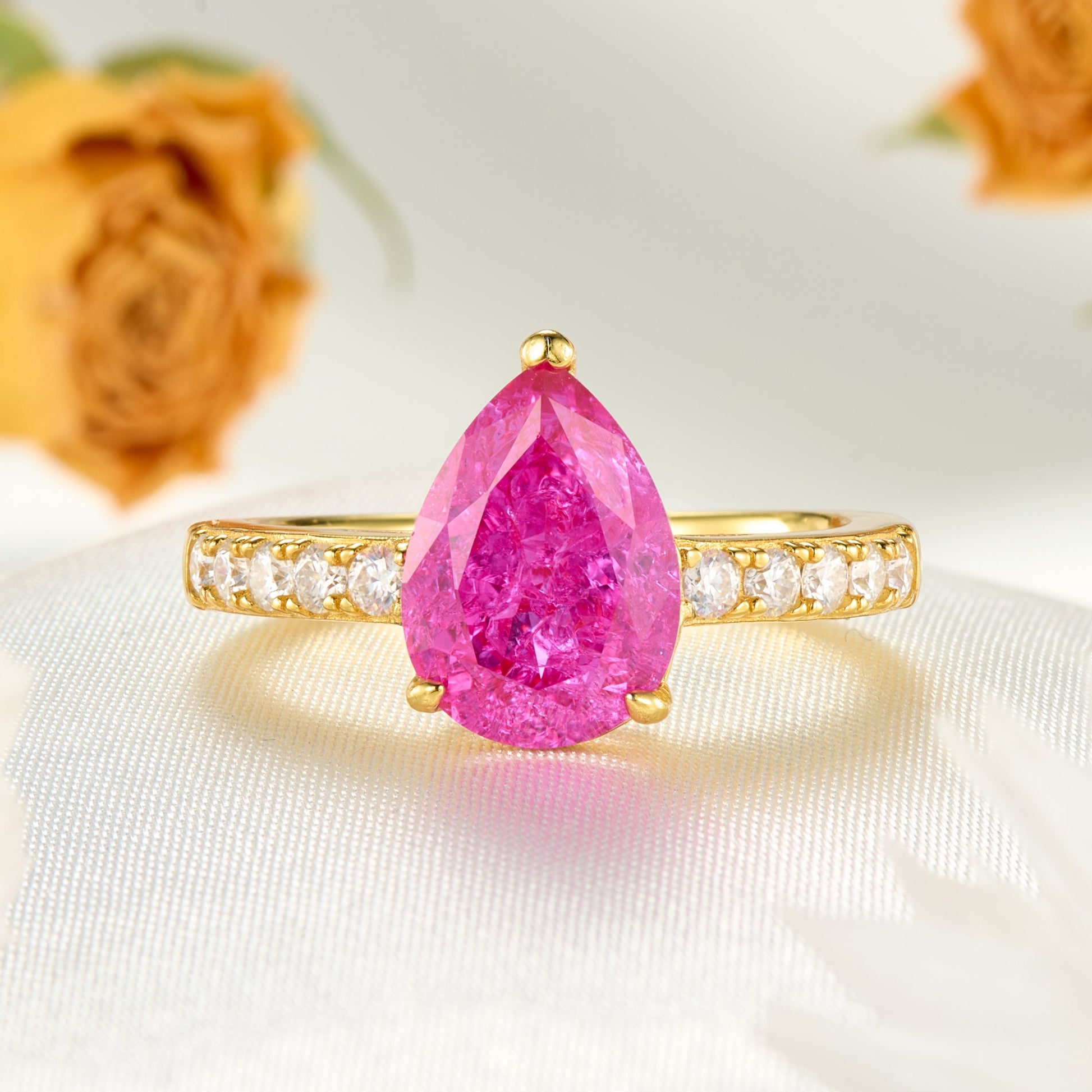 Celina Pear Cut Lab Grown Rose Sapphire Ice-crackle Texture Ring